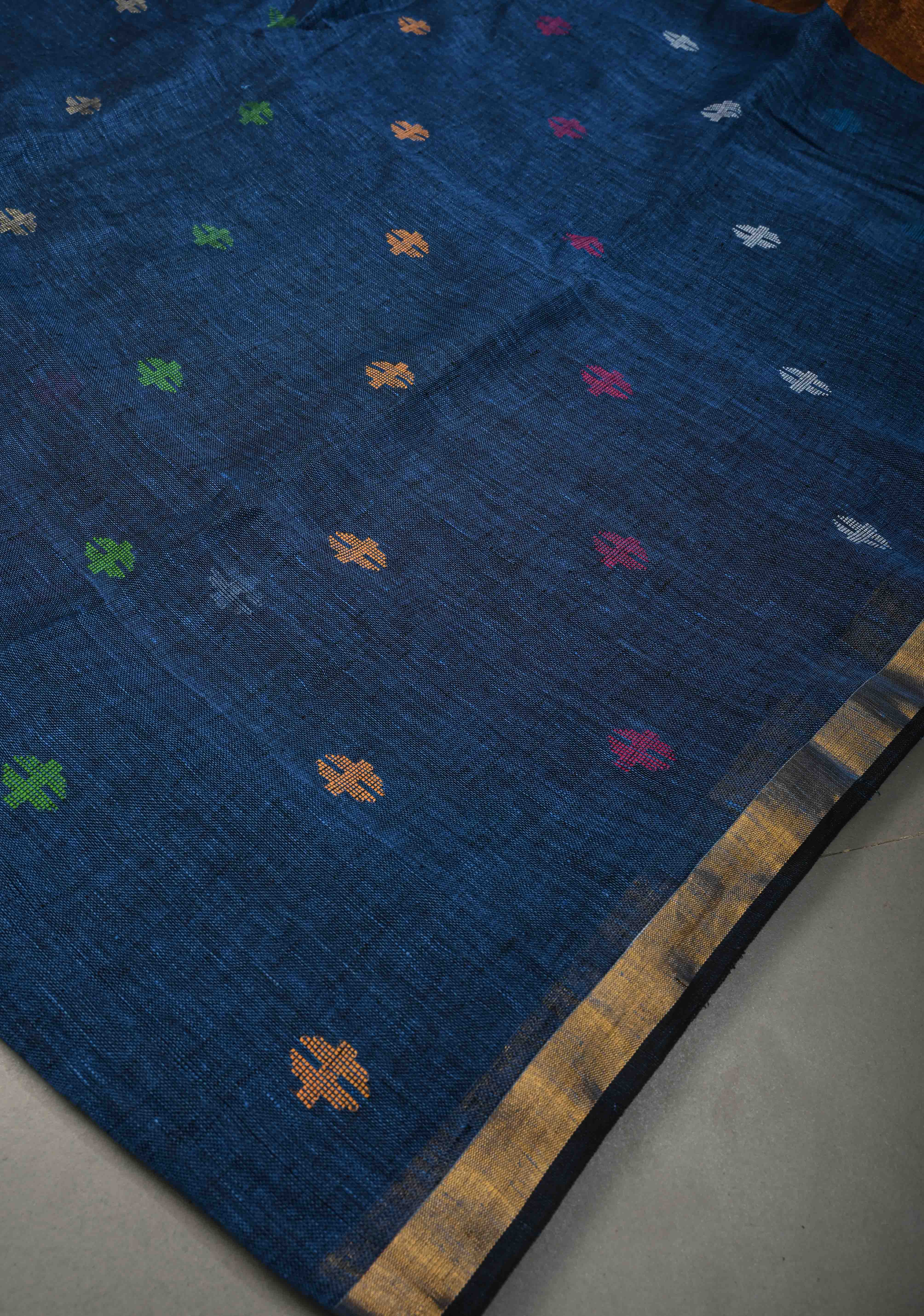Deep indigo blue  Meenakari Thread Buttas on Sagarika Linen Saree with Paithani Pallu and Minimal Tissue Border | Shobitam