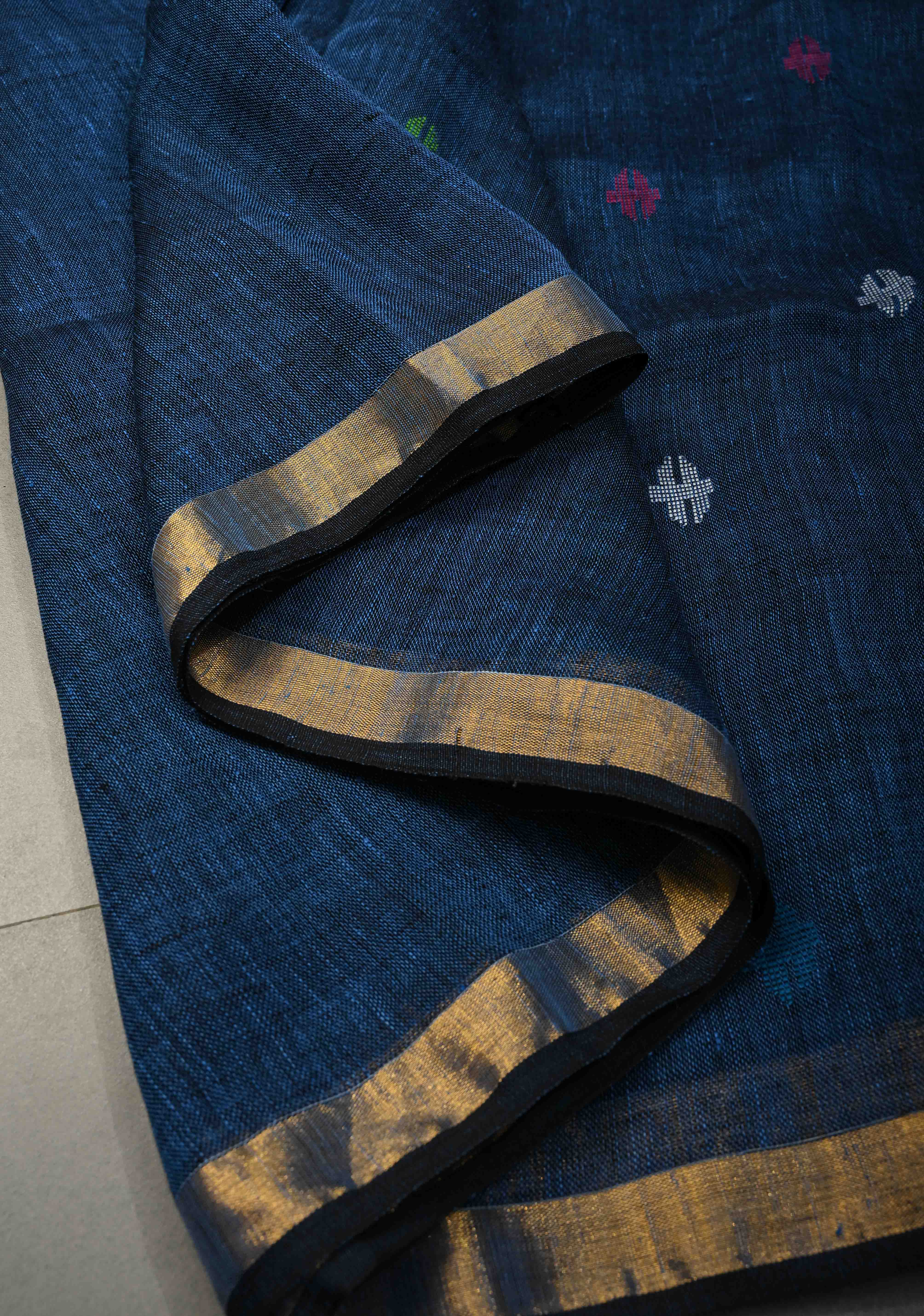 Deep indigo blue  Meenakari Thread Buttas on Sagarika Linen Saree with Paithani Pallu and Minimal Tissue Border | Shobitam