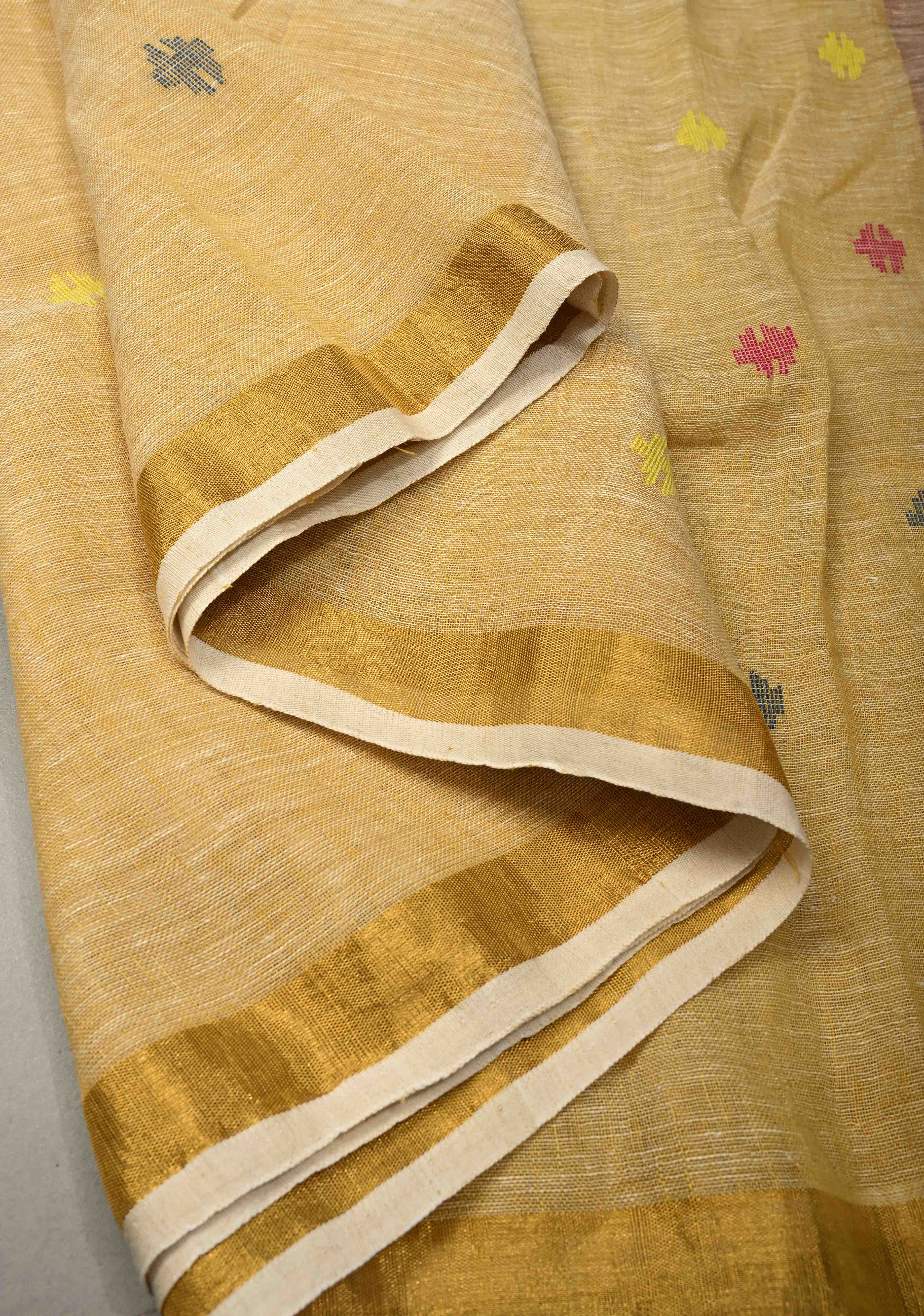 Sand Color Meenakari Buttas on Handloom Linen by Linen Saree with Paithani Pallu and Minimal Tissue Border | Shobitam
