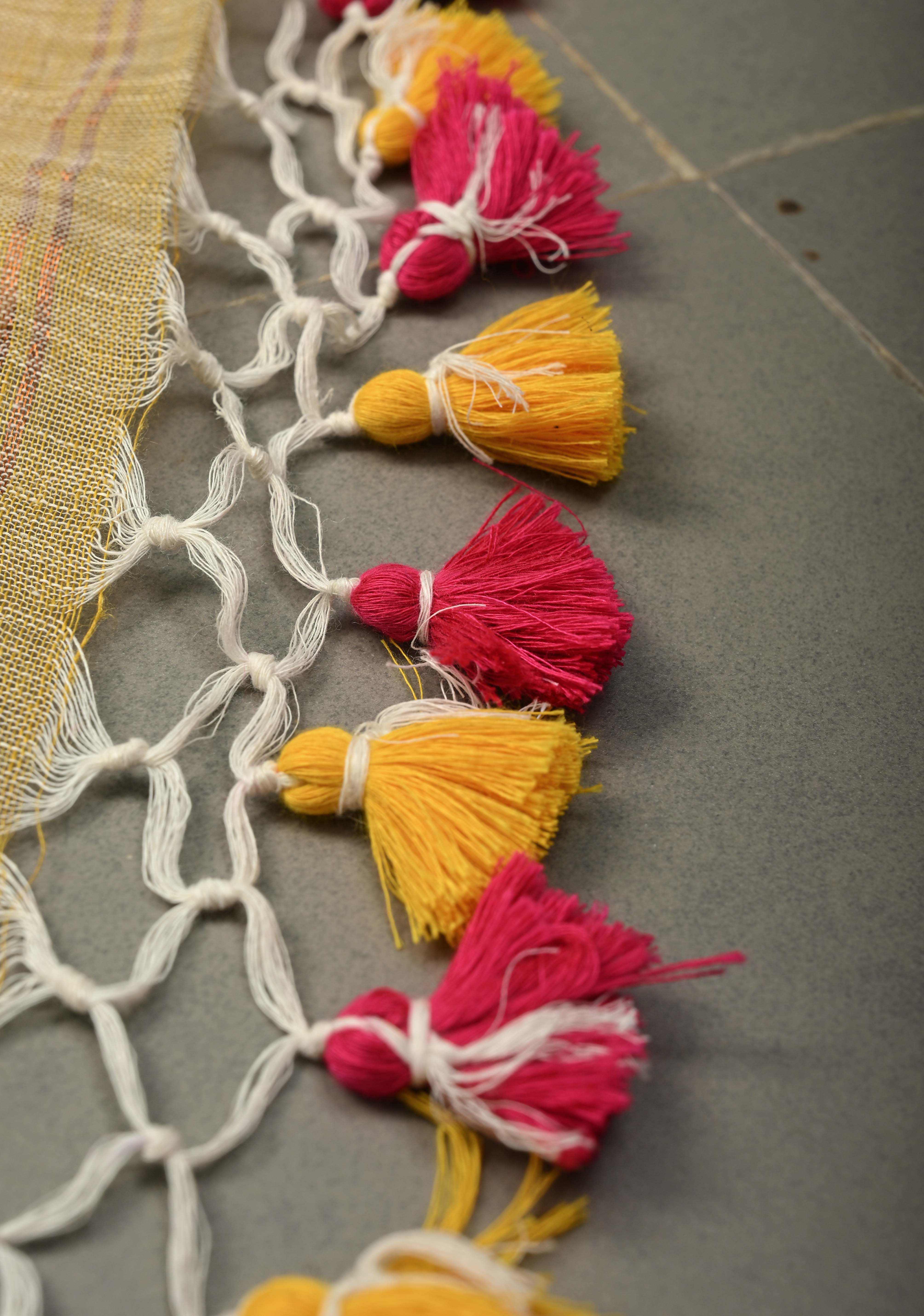 Sand Color Meenakari Buttas on Handloom Linen by Linen Saree with Paithani Pallu and Minimal Tissue Border | Shobitam