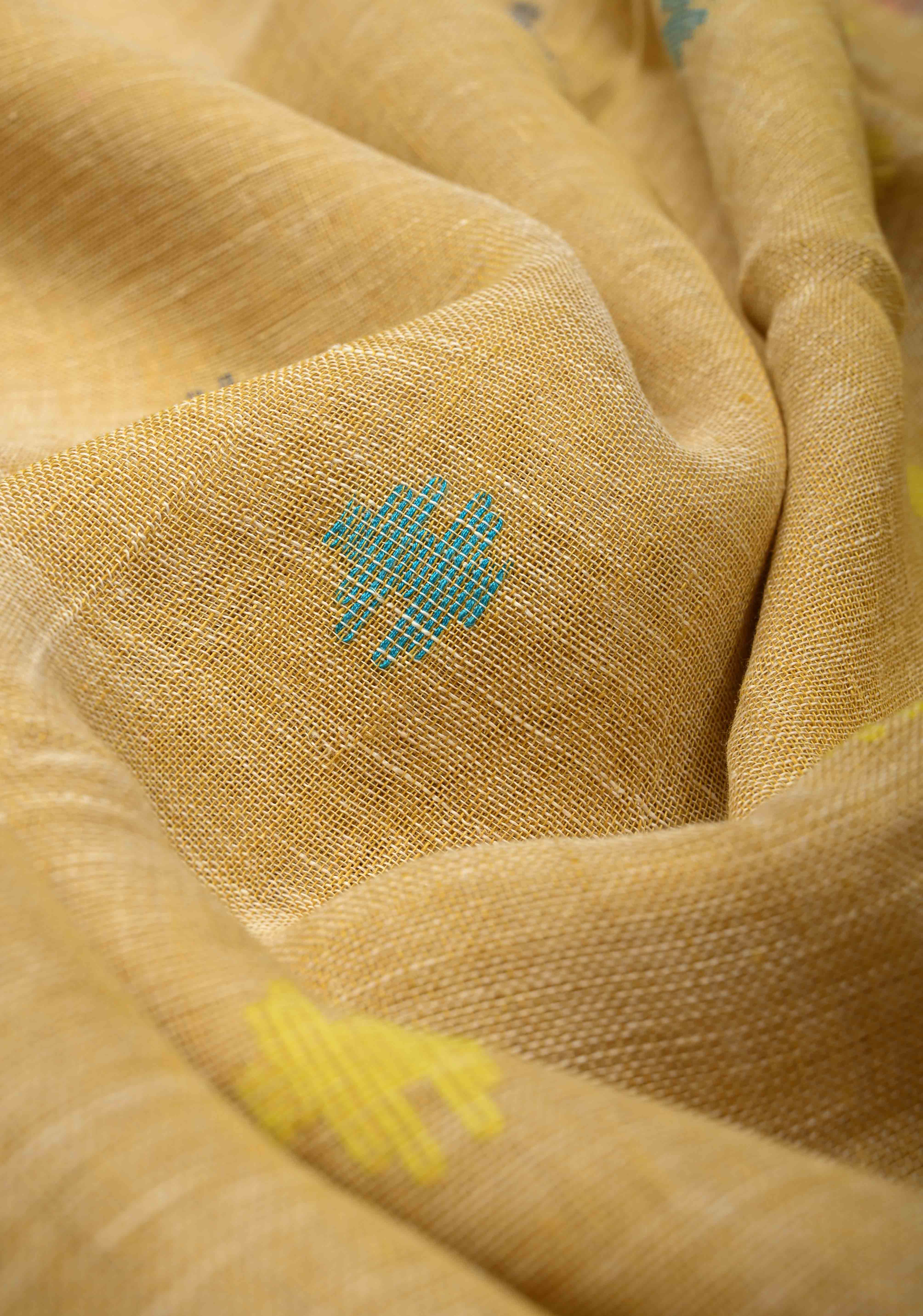 Sand Color Meenakari Buttas on Handloom Linen by Linen Saree with Paithani Pallu and Minimal Tissue Border | Shobitam