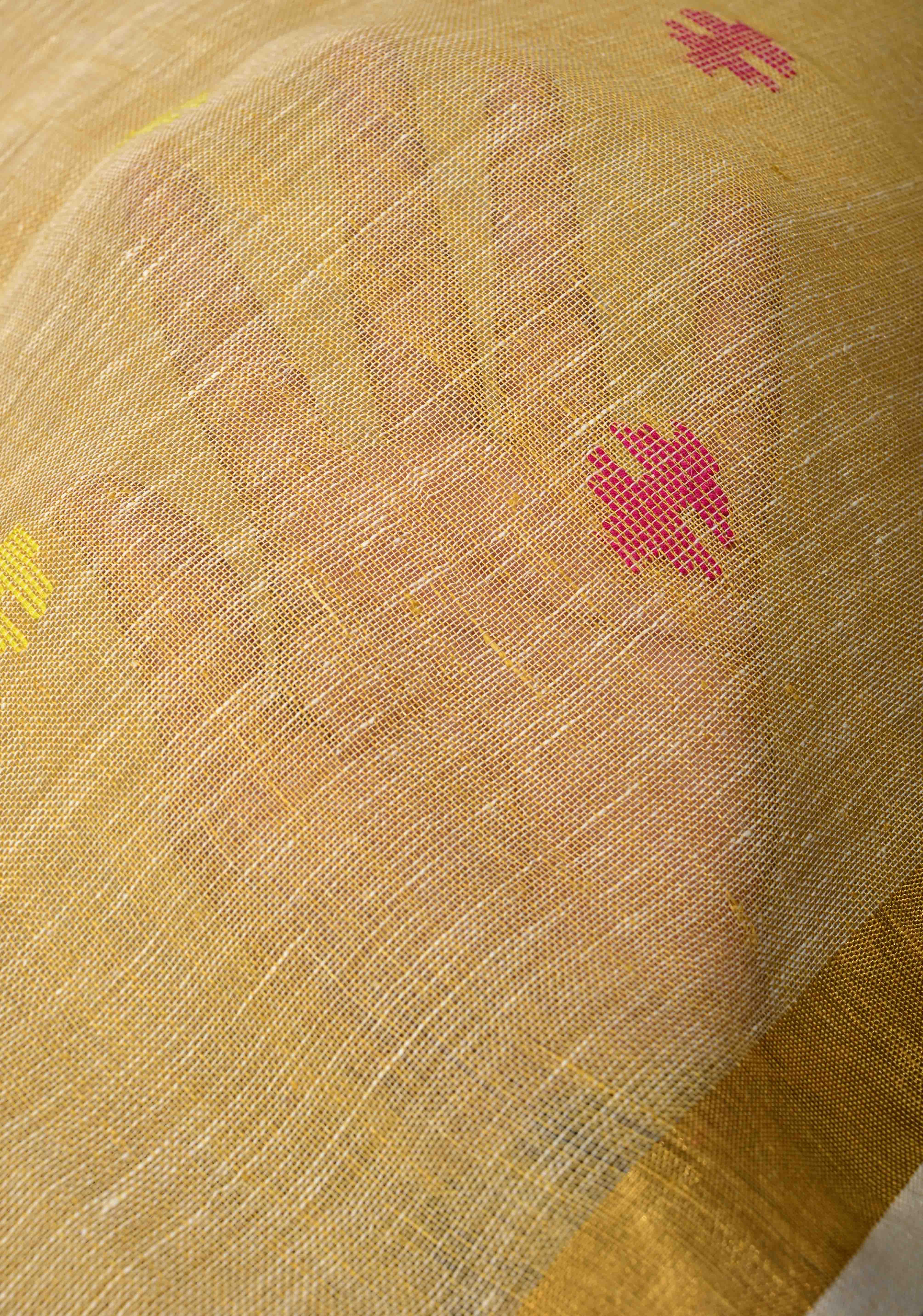 Sand Color Meenakari Buttas on Handloom Linen by Linen Saree with Paithani Pallu and Minimal Tissue Border | Shobitam