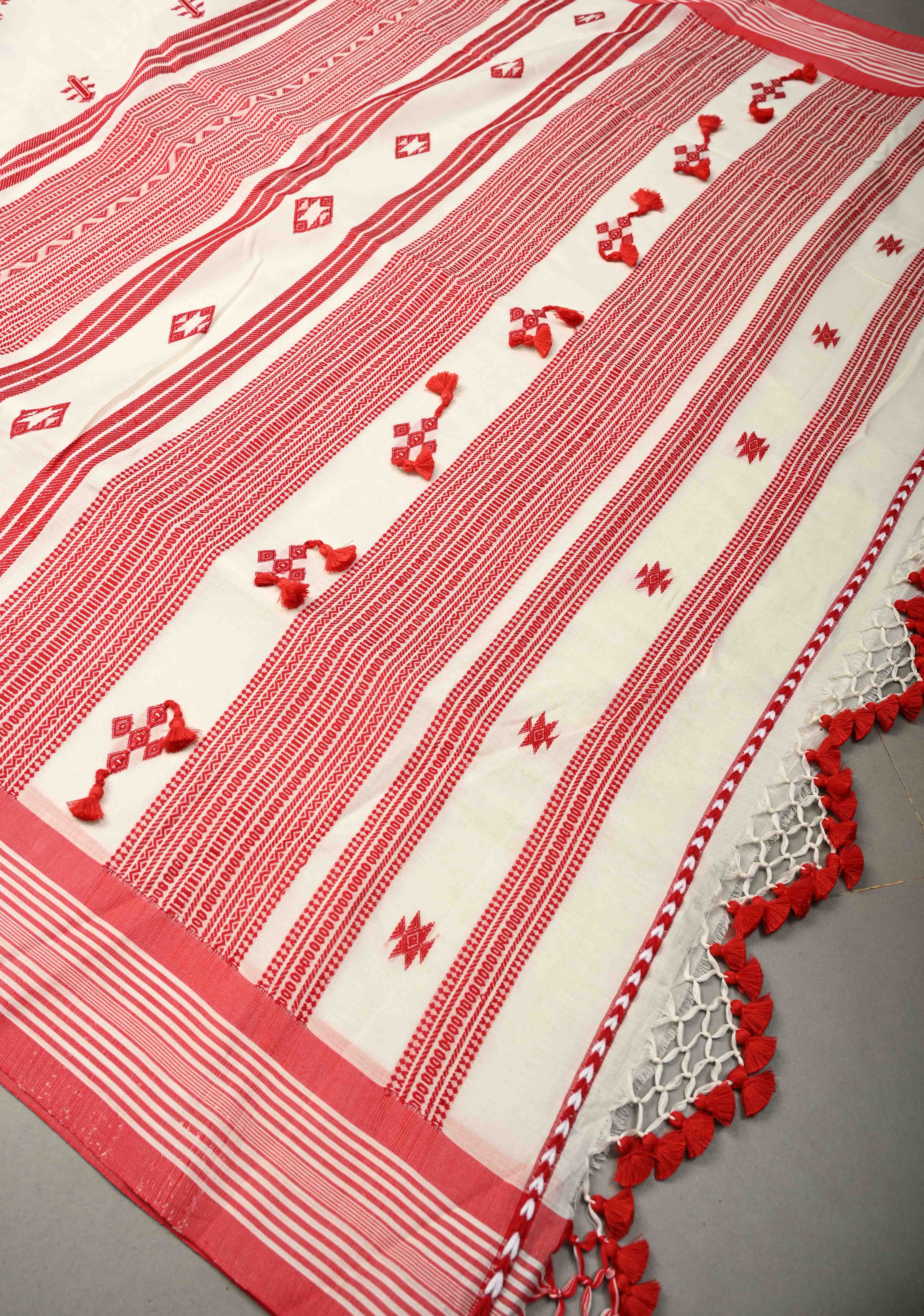 Off White Handloom Bengal Cotton Saree with Resham Buttas and Contrast Borders | Shobitam