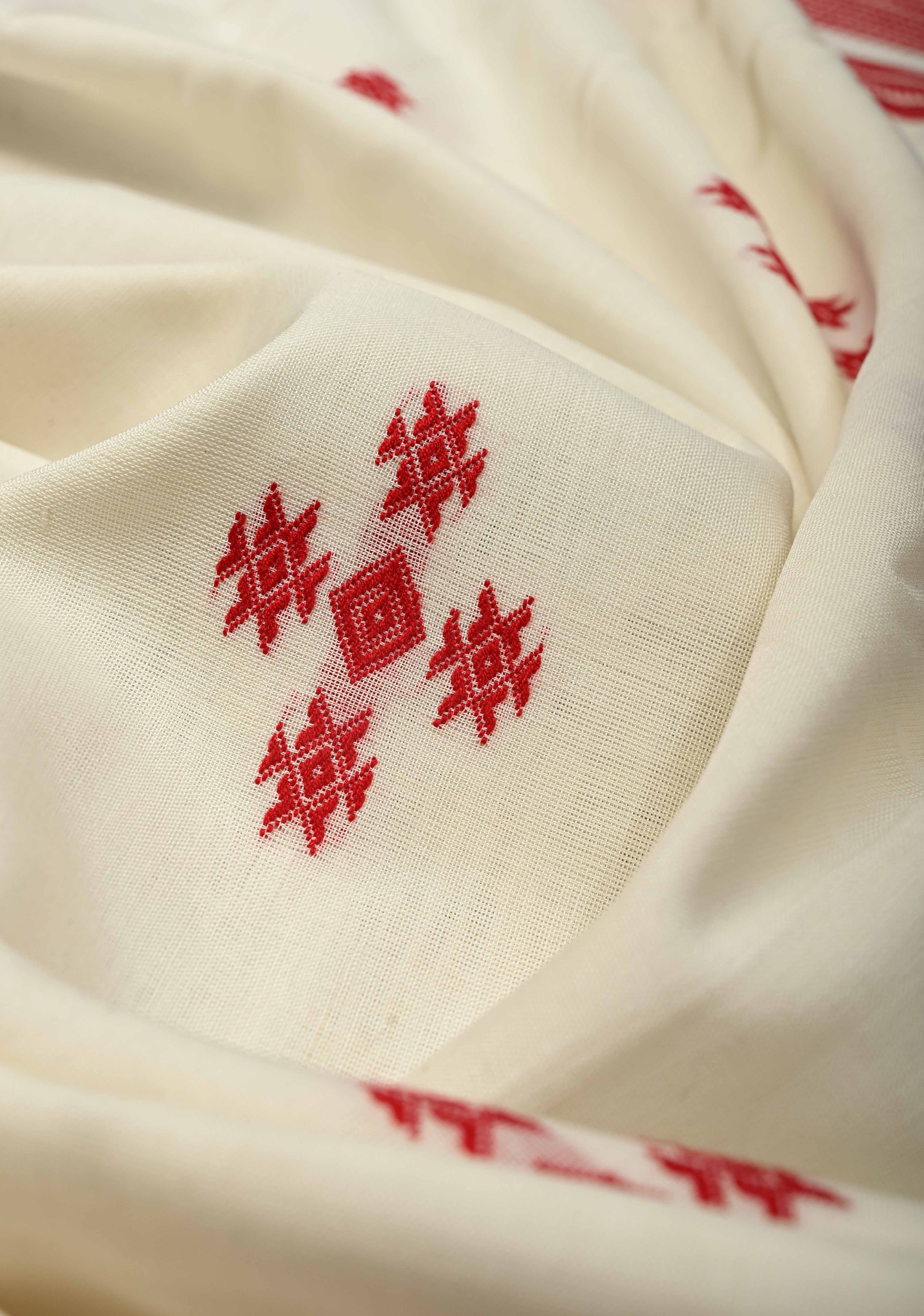 Off White Handloom Bengal Cotton Saree with Resham Buttas and Contrast Borders | Shobitam