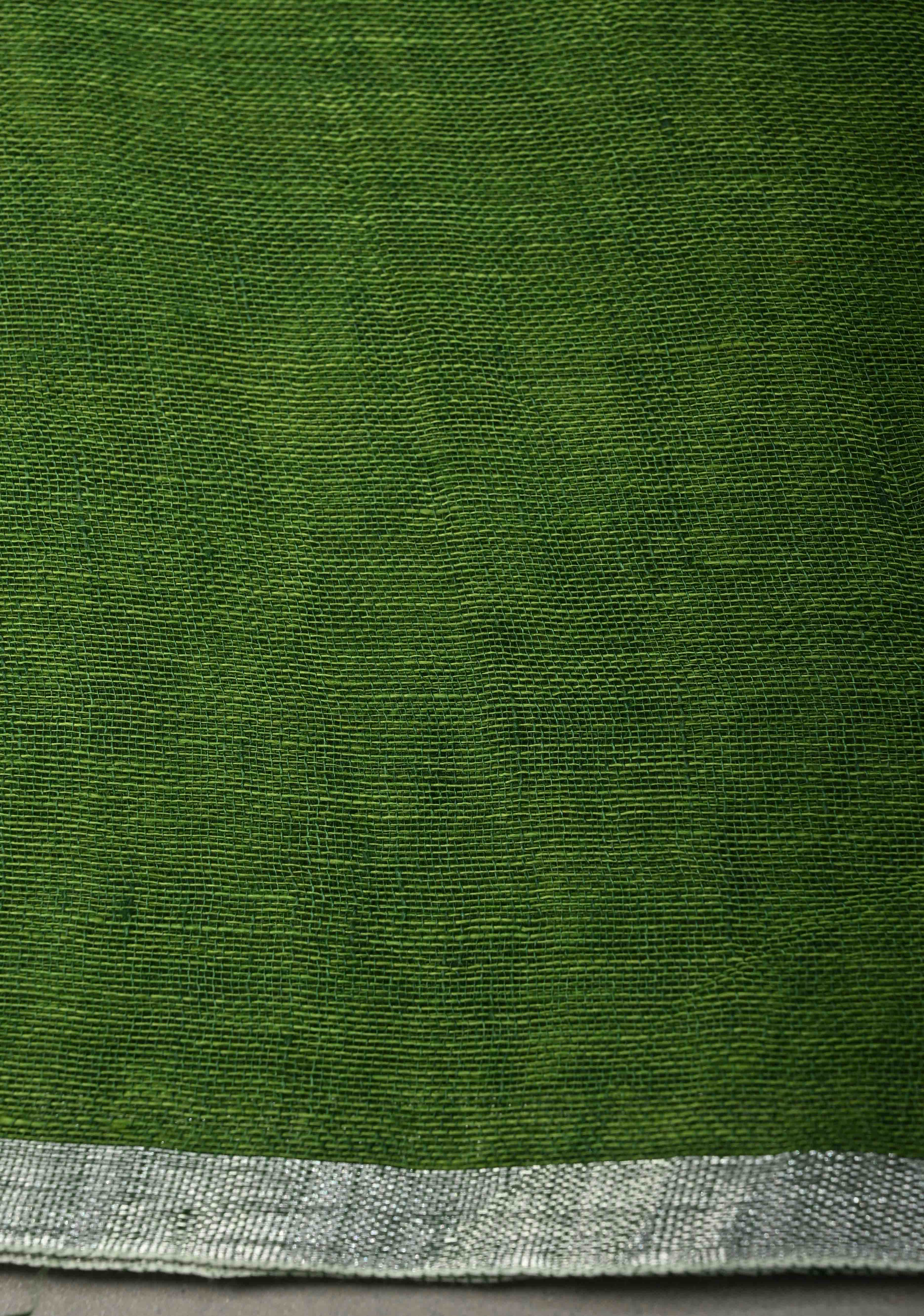 Grass Green Handloom Linen by Linen Saree with Minimal Tissue Border and Honeycomb Tassels | Shobitam