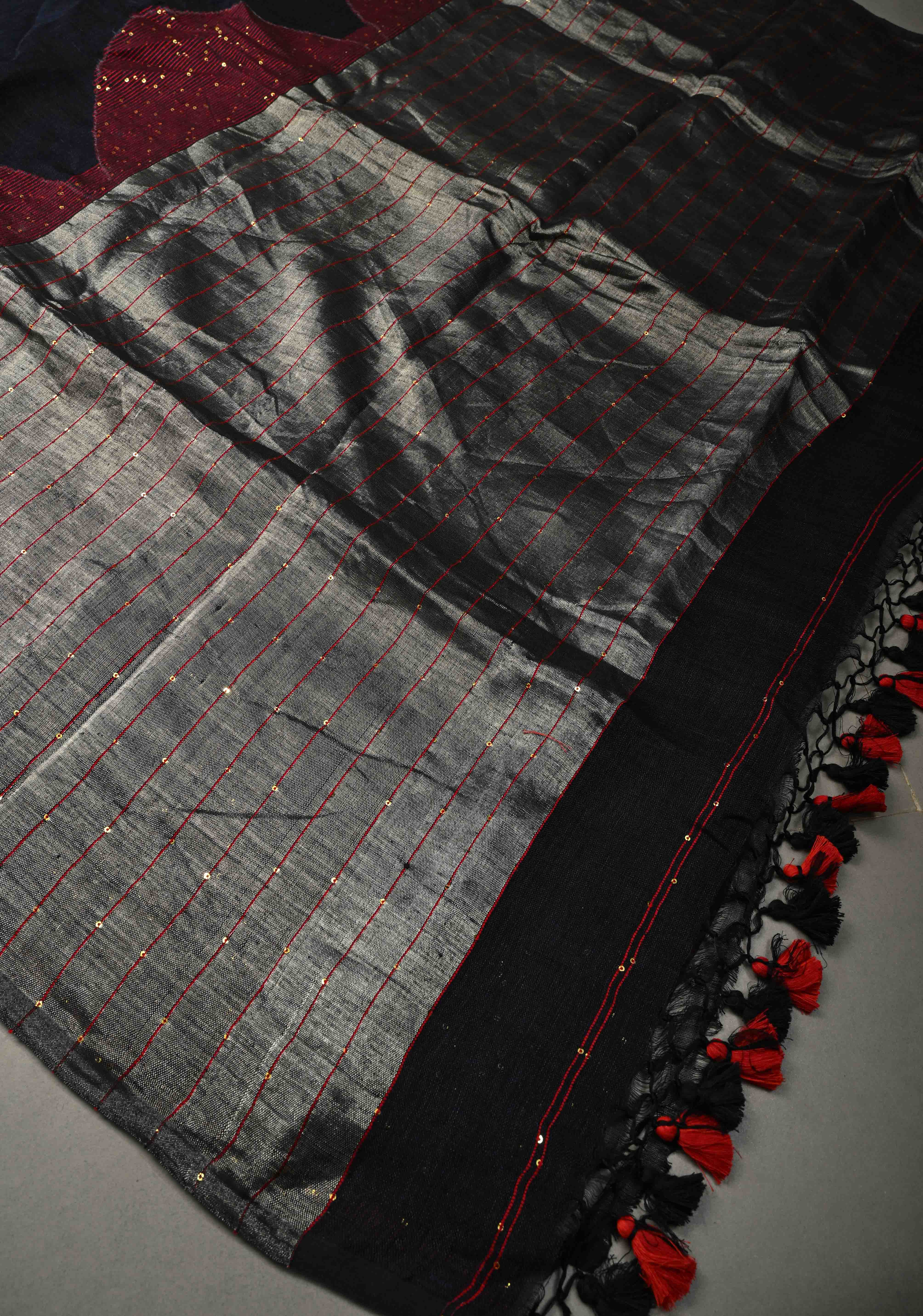 Deep Midnight Blue Handloom Linen by Linen Saree with Pocket Sequins Scallop Red Borders and Silver Tissue Pallu | Shobitam
