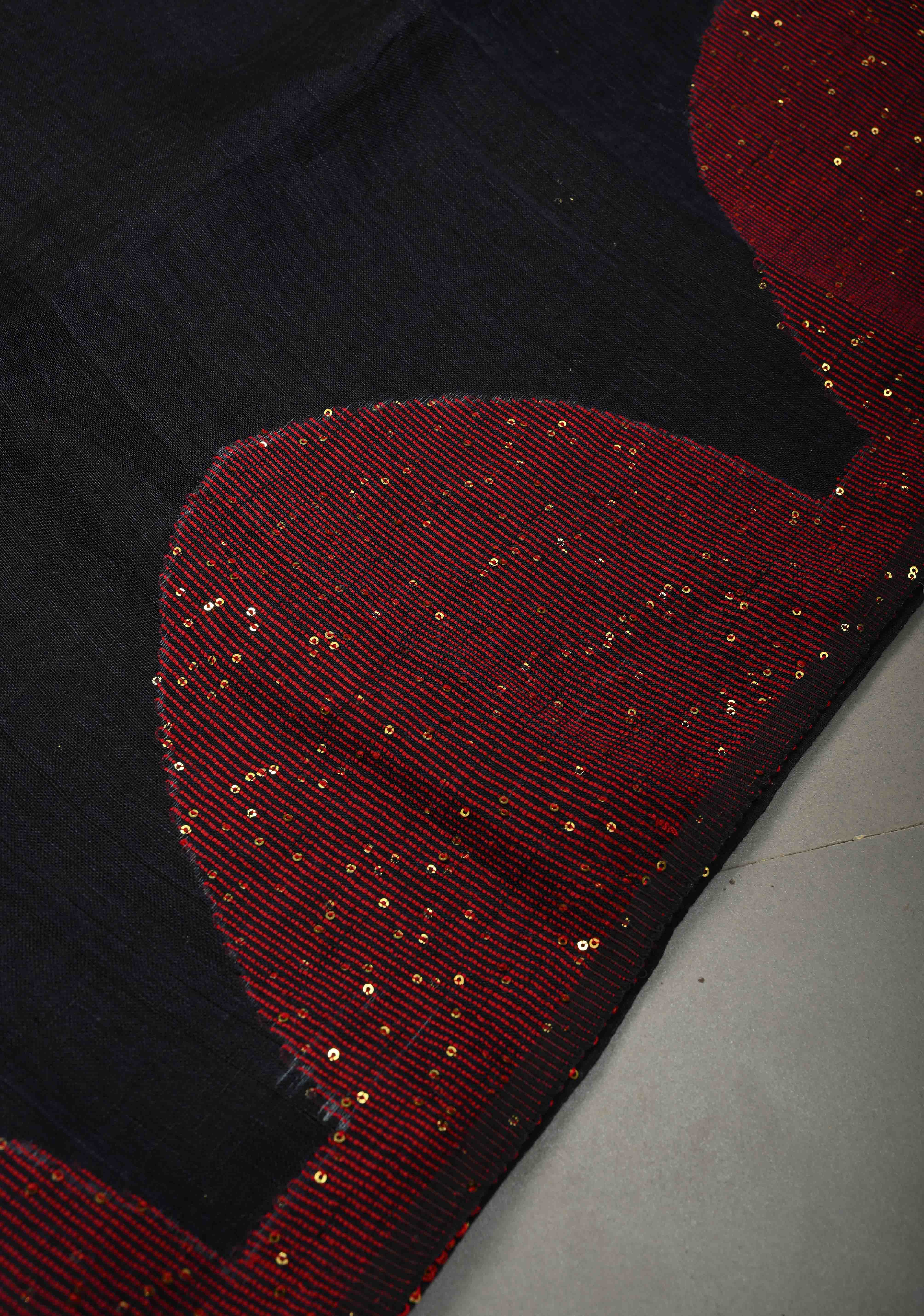 Deep Midnight Blue Handloom Linen by Linen Saree with Pocket Sequins Scallop Red Borders and Silver Tissue Pallu | Shobitam