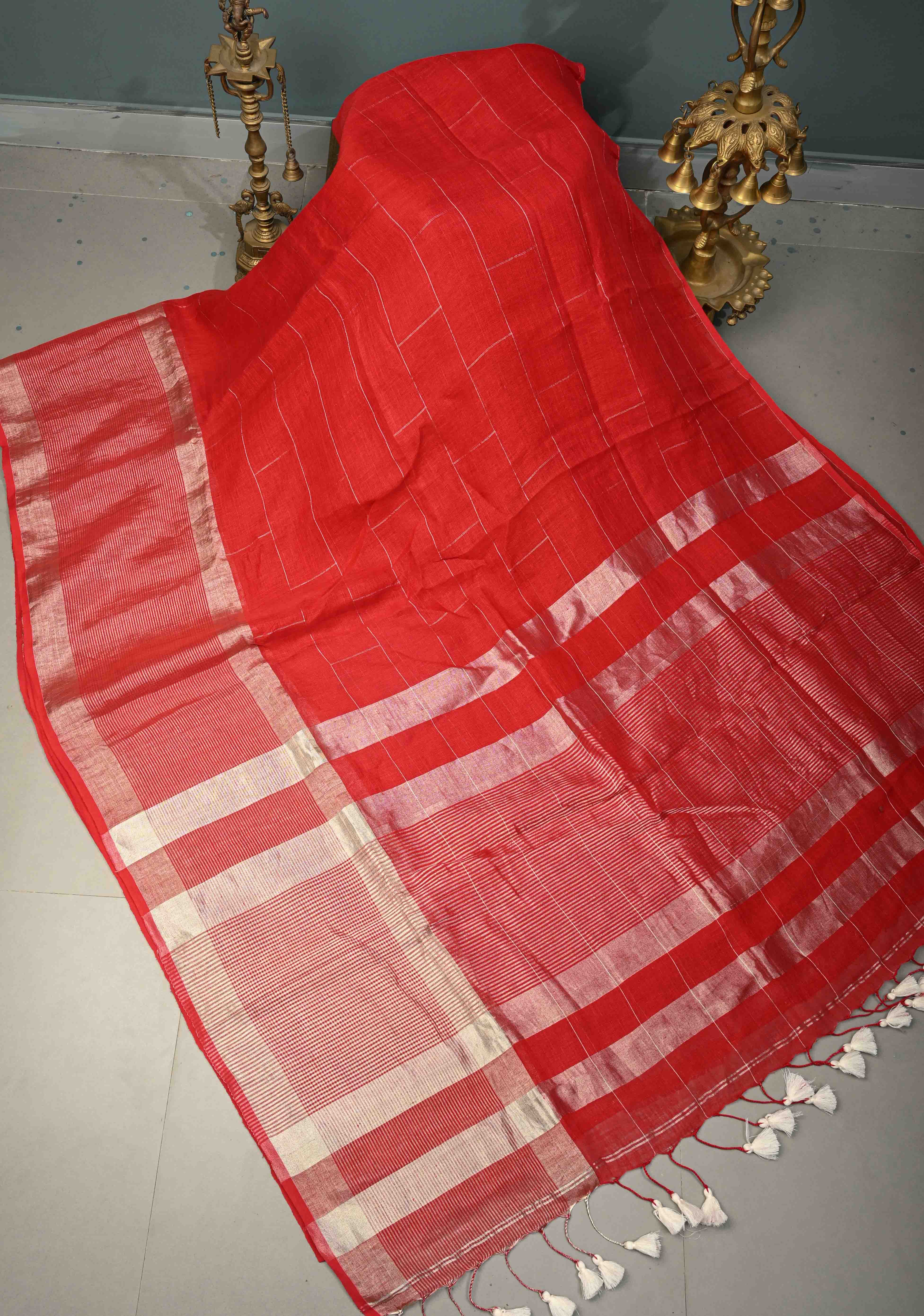 Blood Red Handloom Linen by Linen Saree with Silver Zari Checks and One Side Antique Tissue Stripes Border | Shobitam