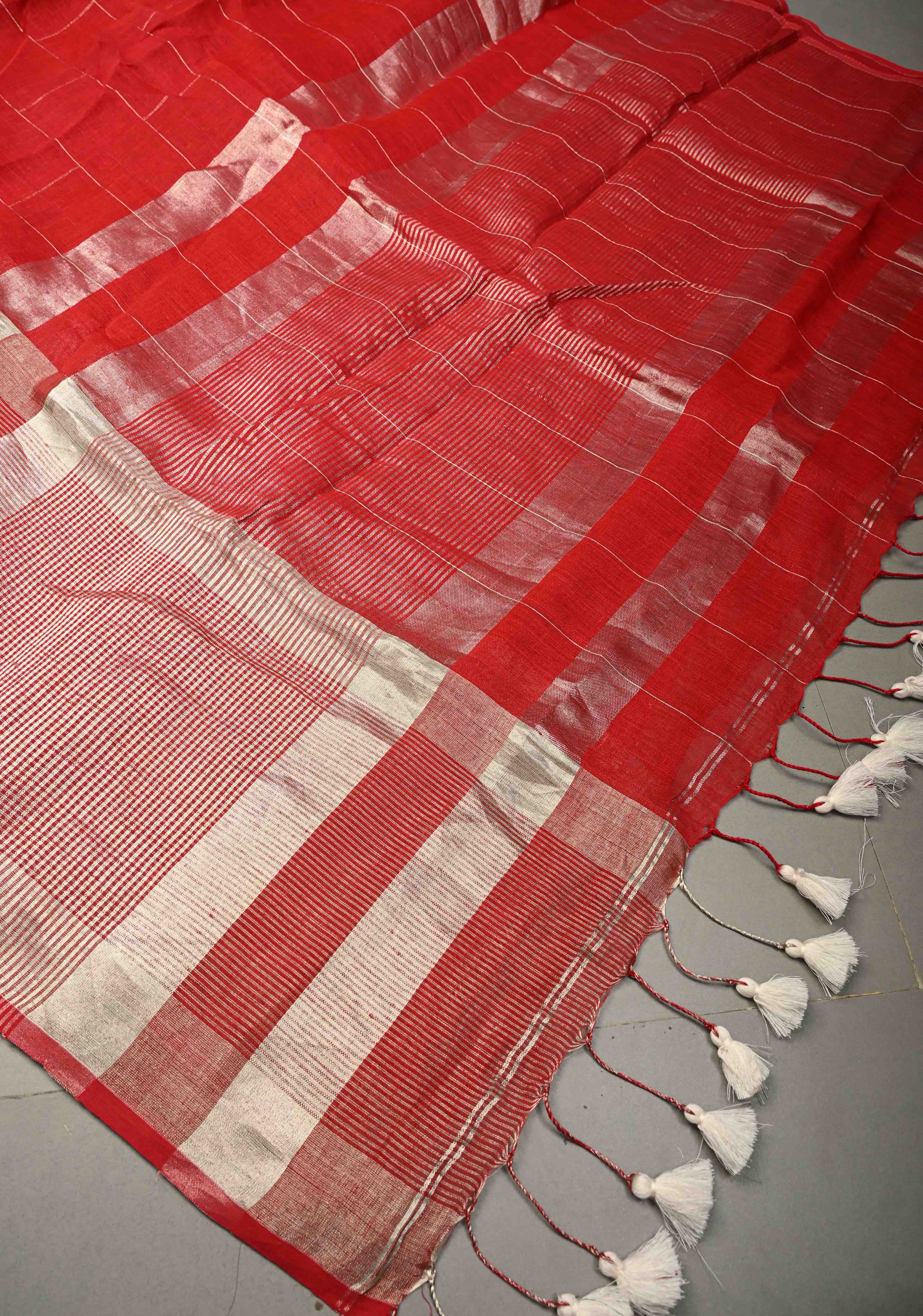 Blood Red Handloom Linen by Linen Saree with Silver Zari Checks and One Side Antique Tissue Stripes Border | Shobitam