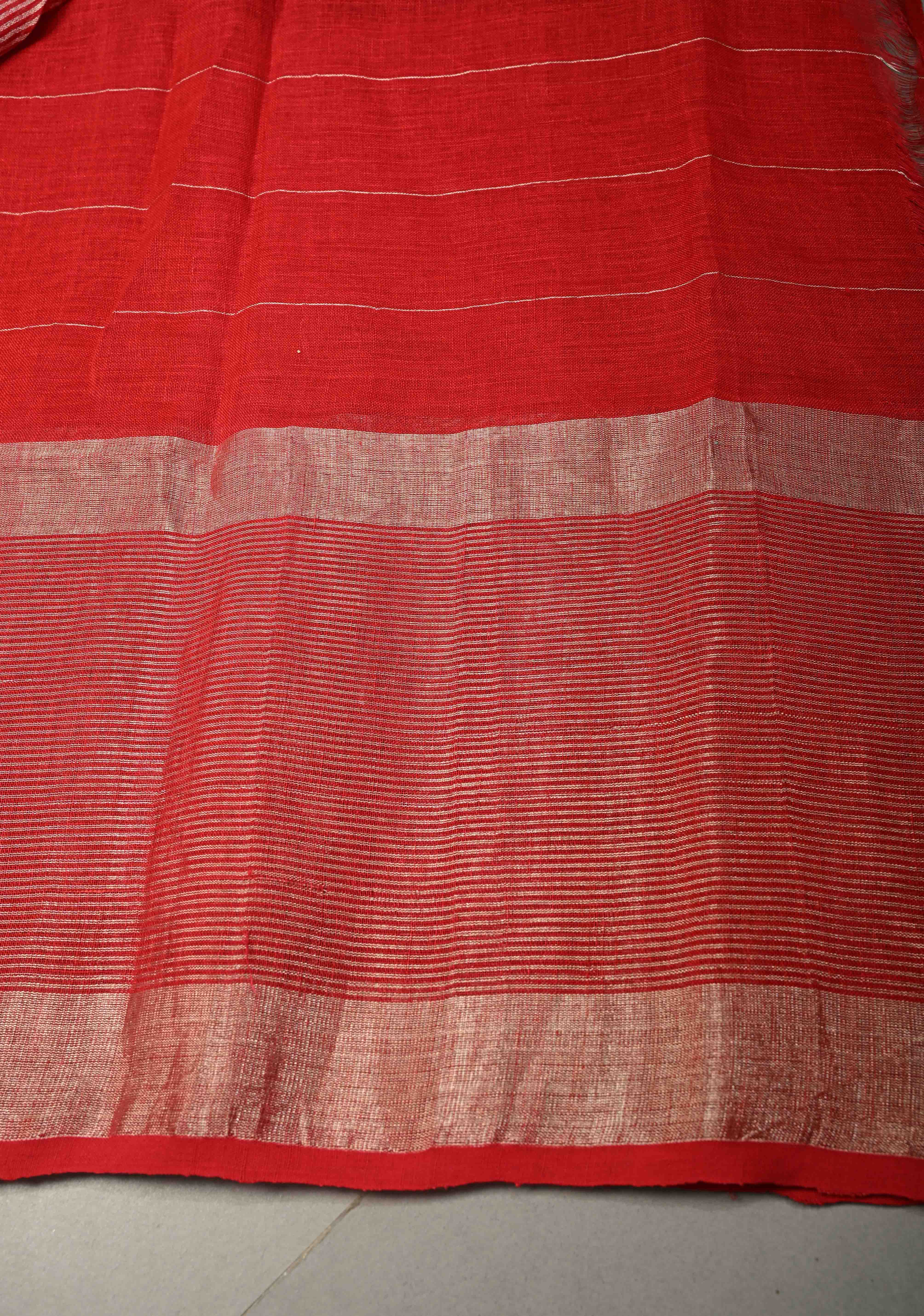 Blood Red Handloom Linen by Linen Saree with Silver Zari Checks and One Side Antique Tissue Stripes Border | Shobitam