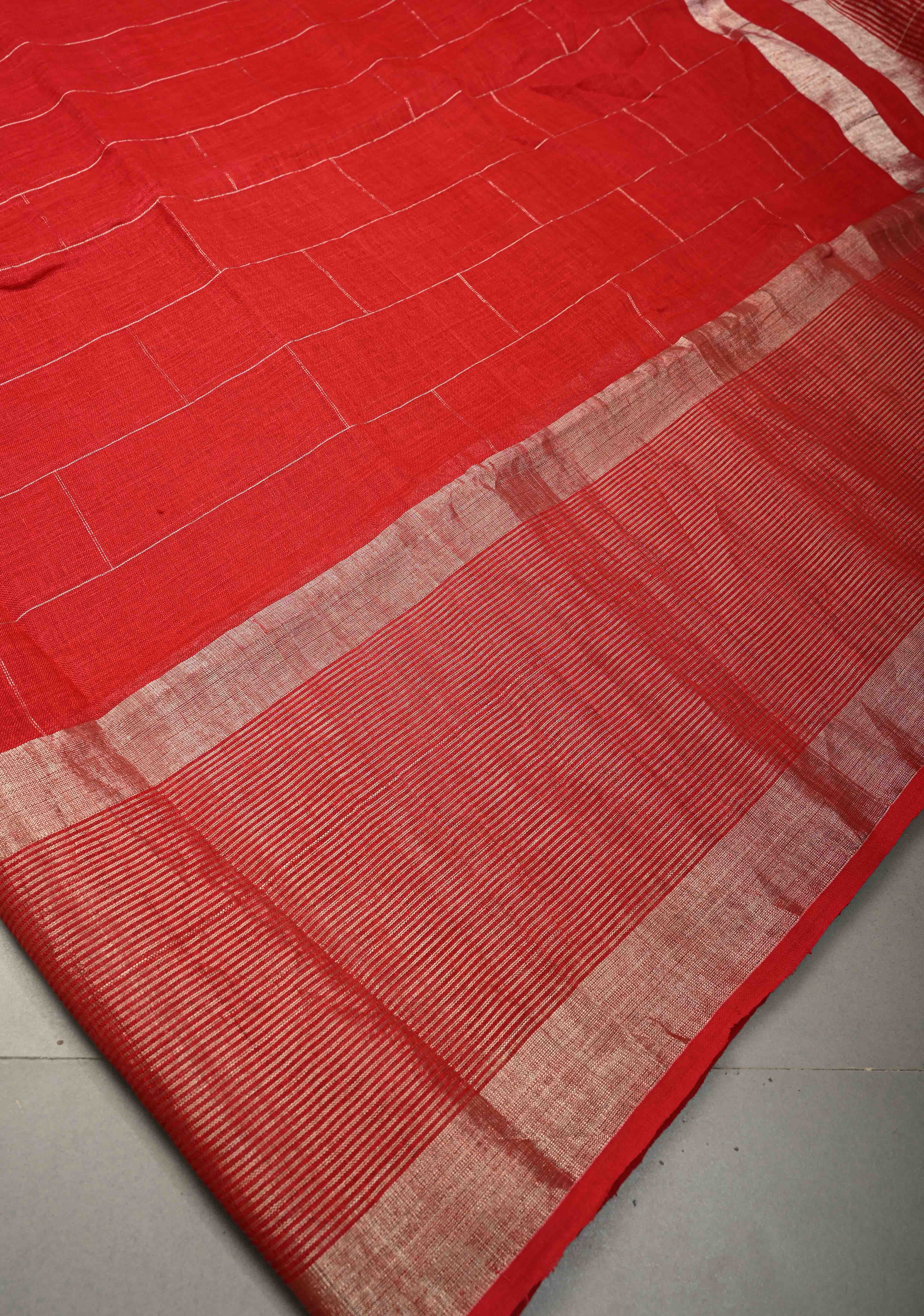 Blood Red Handloom Linen by Linen Saree with Silver Zari Checks and One Side Antique Tissue Stripes Border | Shobitam