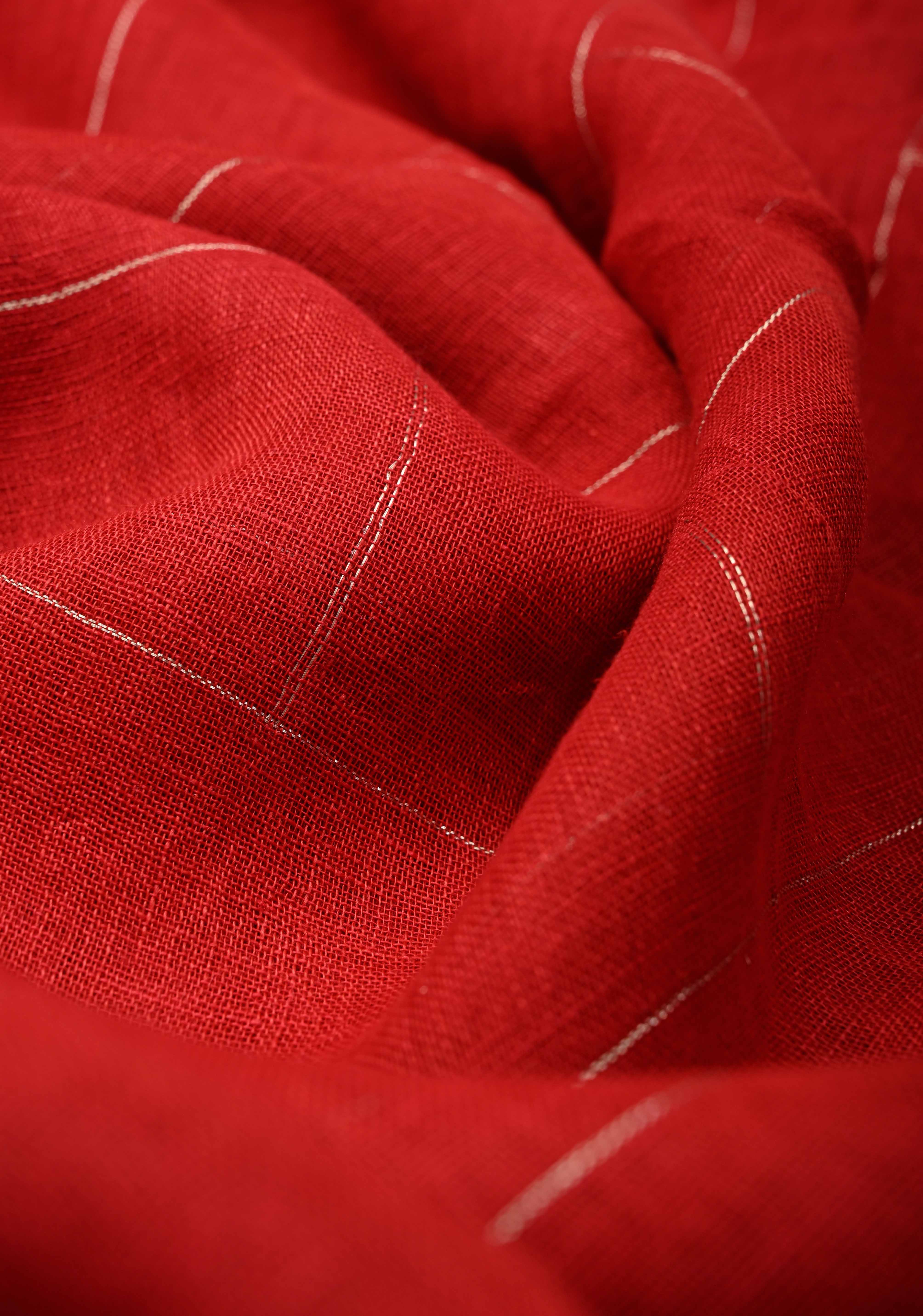Blood Red Handloom Linen by Linen Saree with Silver Zari Checks and One Side Antique Tissue Stripes Border | Shobitam