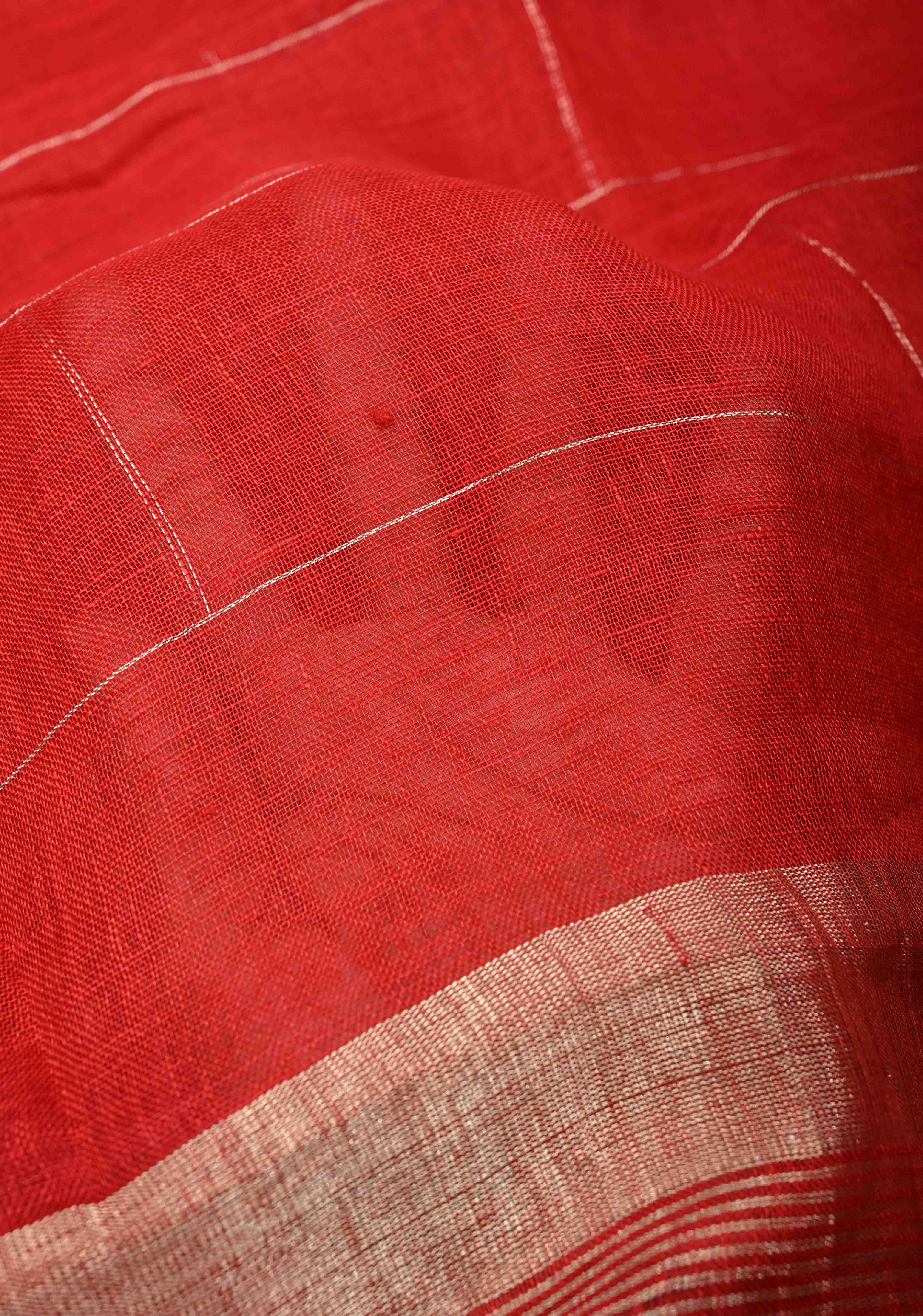 Blood Red Handloom Linen by Linen Saree with Silver Zari Checks and One Side Antique Tissue Stripes Border | Shobitam