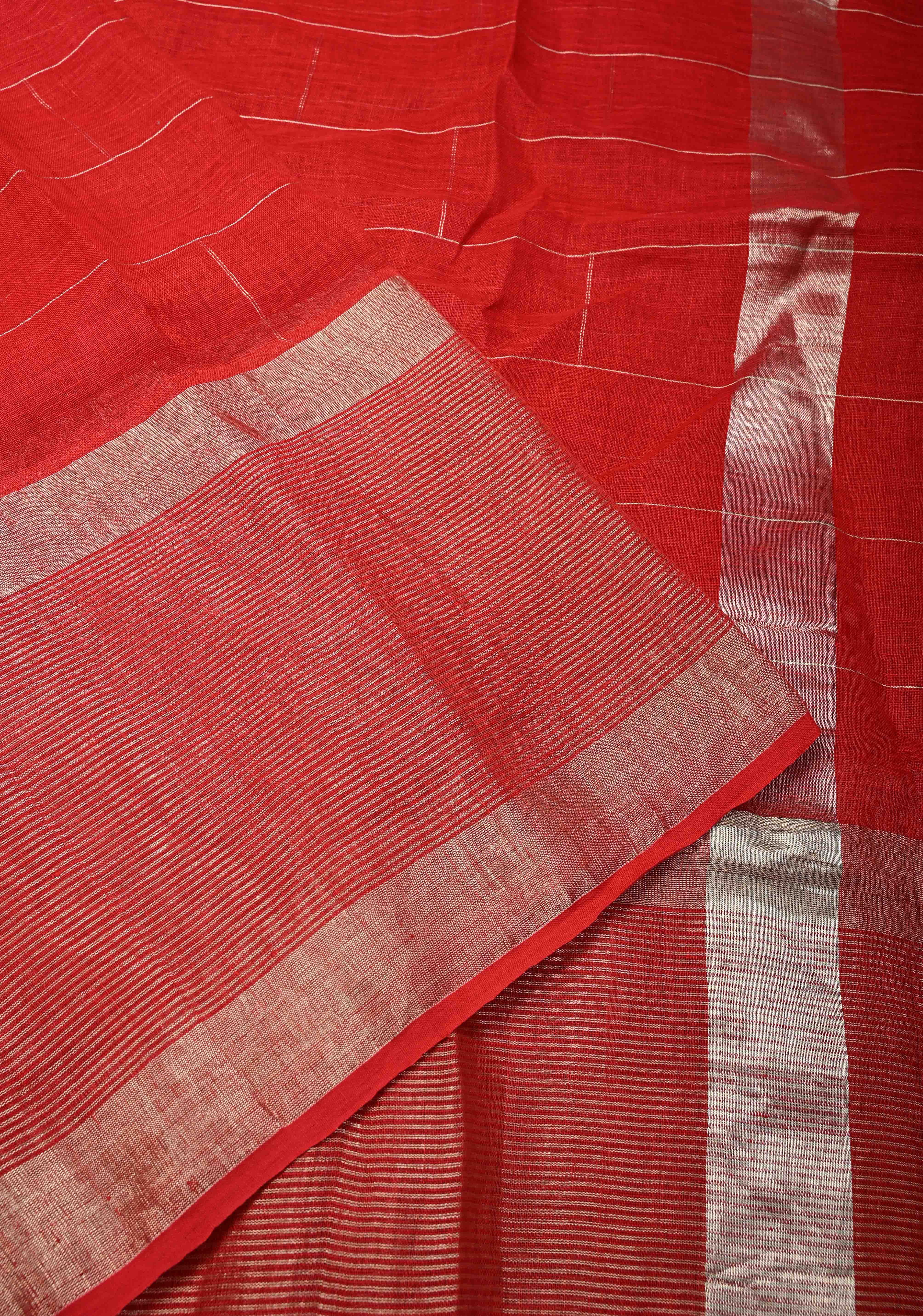 Blood Red Handloom Linen by Linen Saree with Silver Zari Checks and One Side Antique Tissue Stripes Border | Shobitam