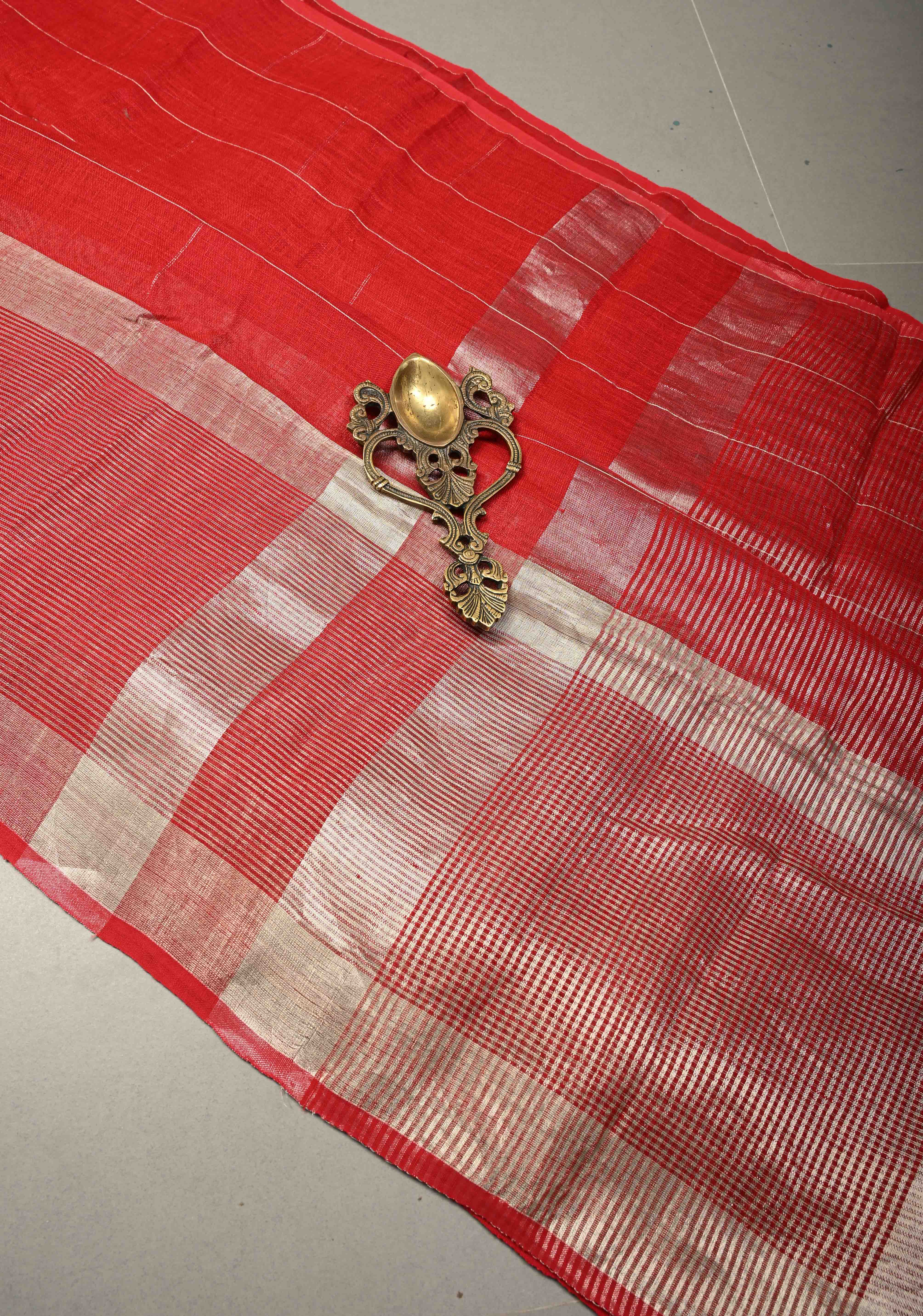 Blood Red Handloom Linen by Linen Saree with Silver Zari Checks and One Side Antique Tissue Stripes Border | Shobitam