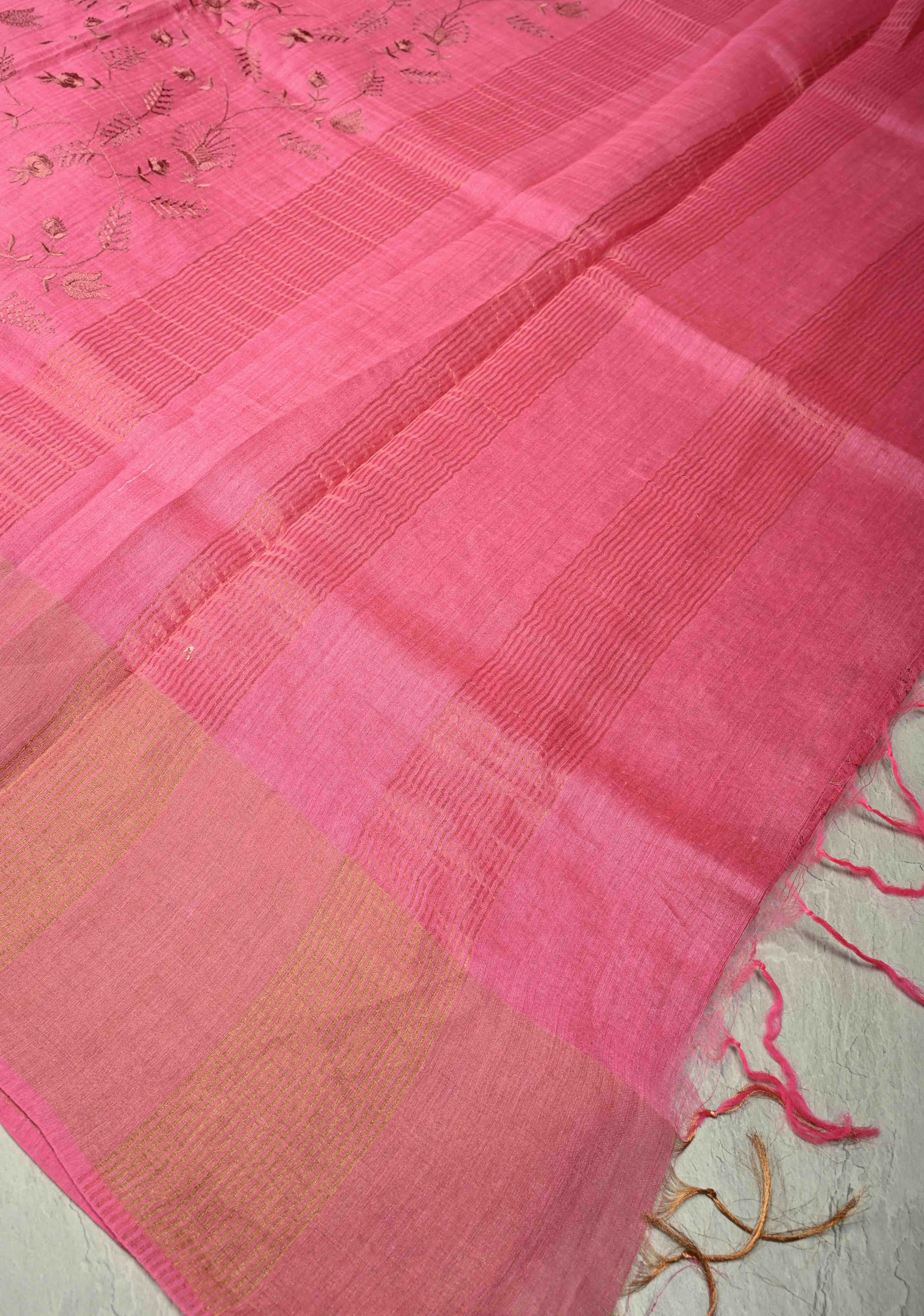 Pink Tussar Silk Saree with Floral Embroidery and Muted zari Border | SILK MARK CERTIFIED | Shobitam
