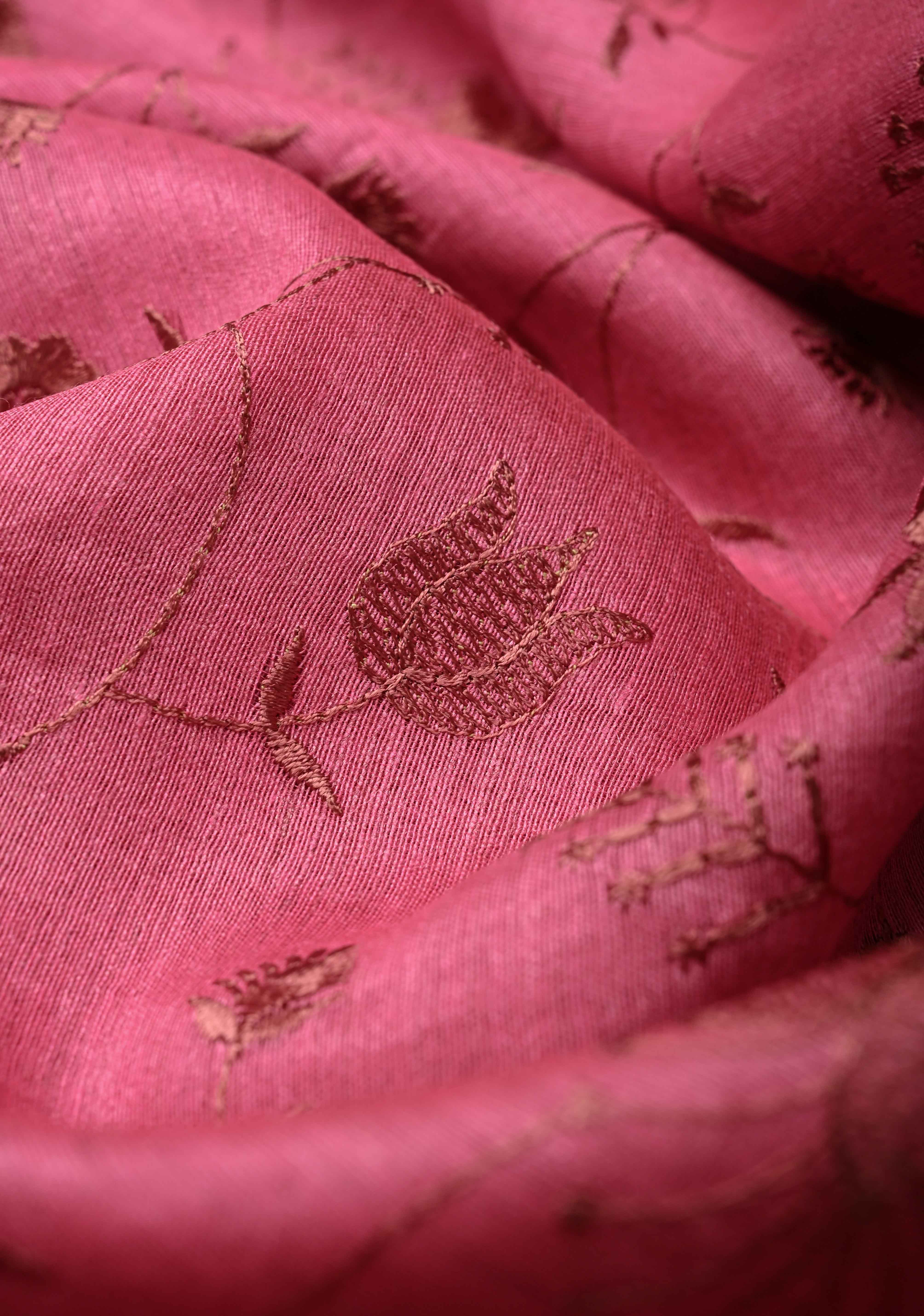Pink Tussar Silk Saree with Floral Embroidery and Muted zari Border | SILK MARK CERTIFIED | Shobitam