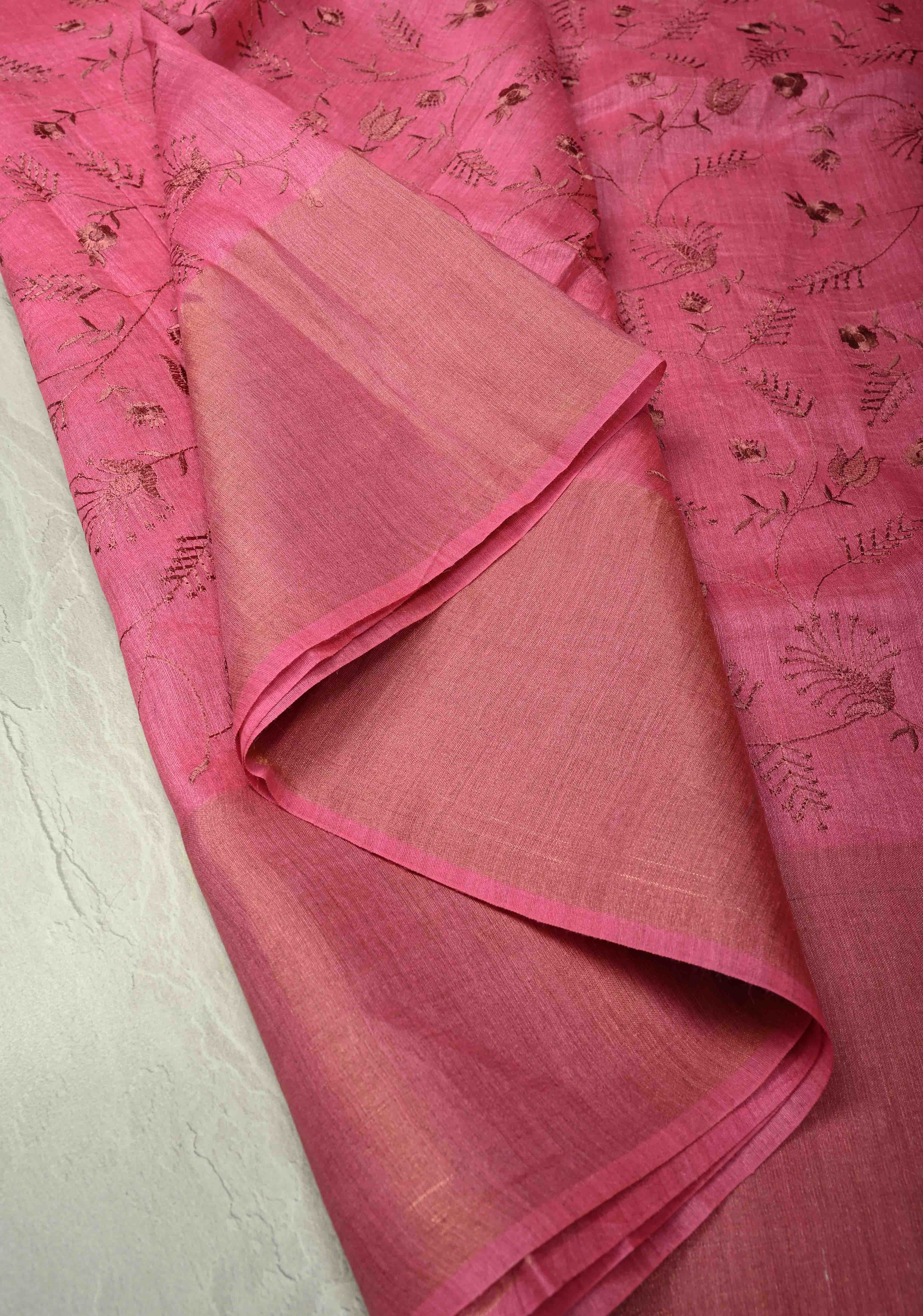 Pink Tussar Silk Saree with Floral Embroidery and Muted zari Border | SILK MARK CERTIFIED | Shobitam