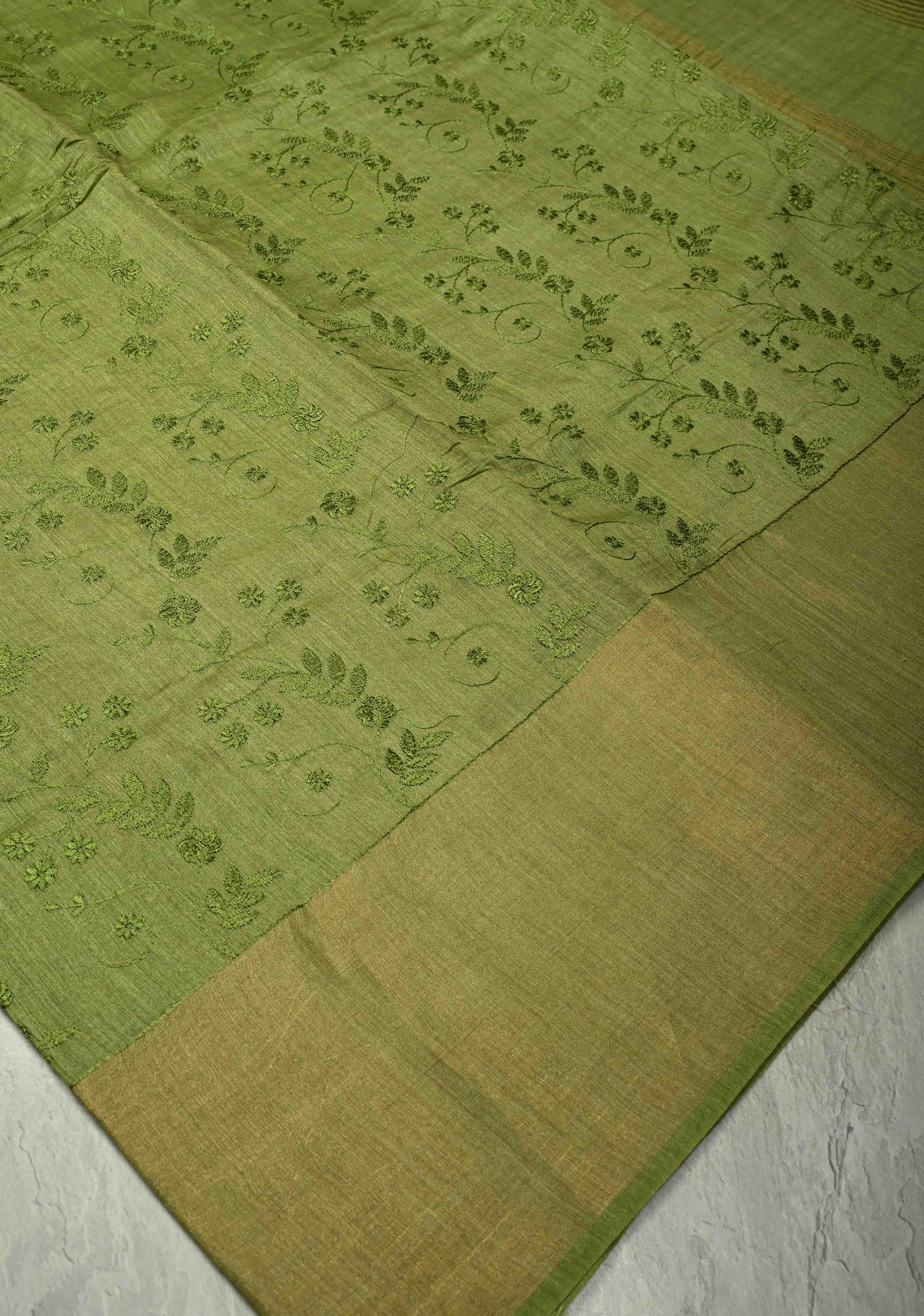 Green Tussar Silk Saree with Floral Embroidery and Muted zari Border | SILK MARK CERTIFIED | Shobitam
