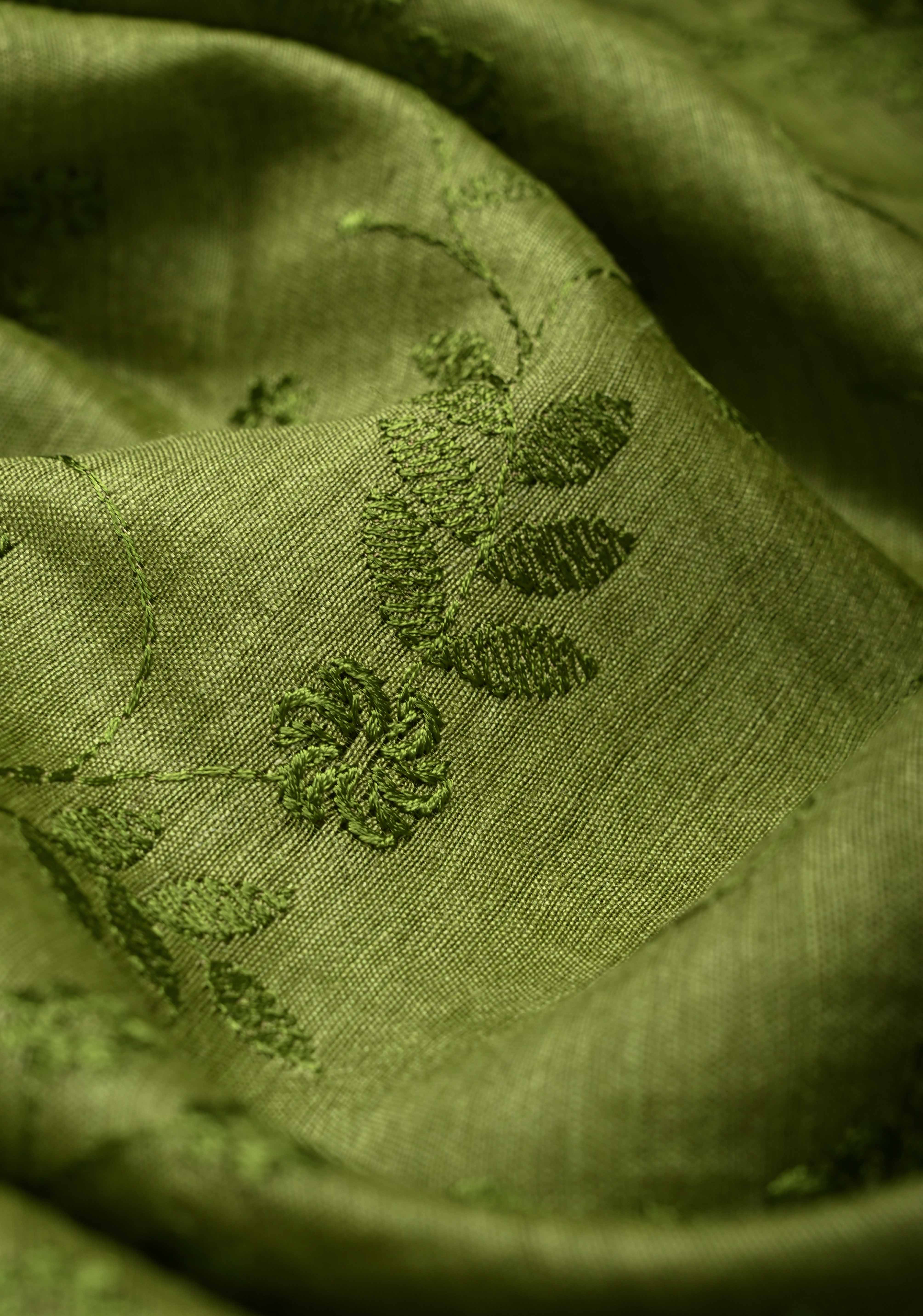Green Tussar Silk Saree with Floral Embroidery and Muted zari Border | SILK MARK CERTIFIED | Shobitam