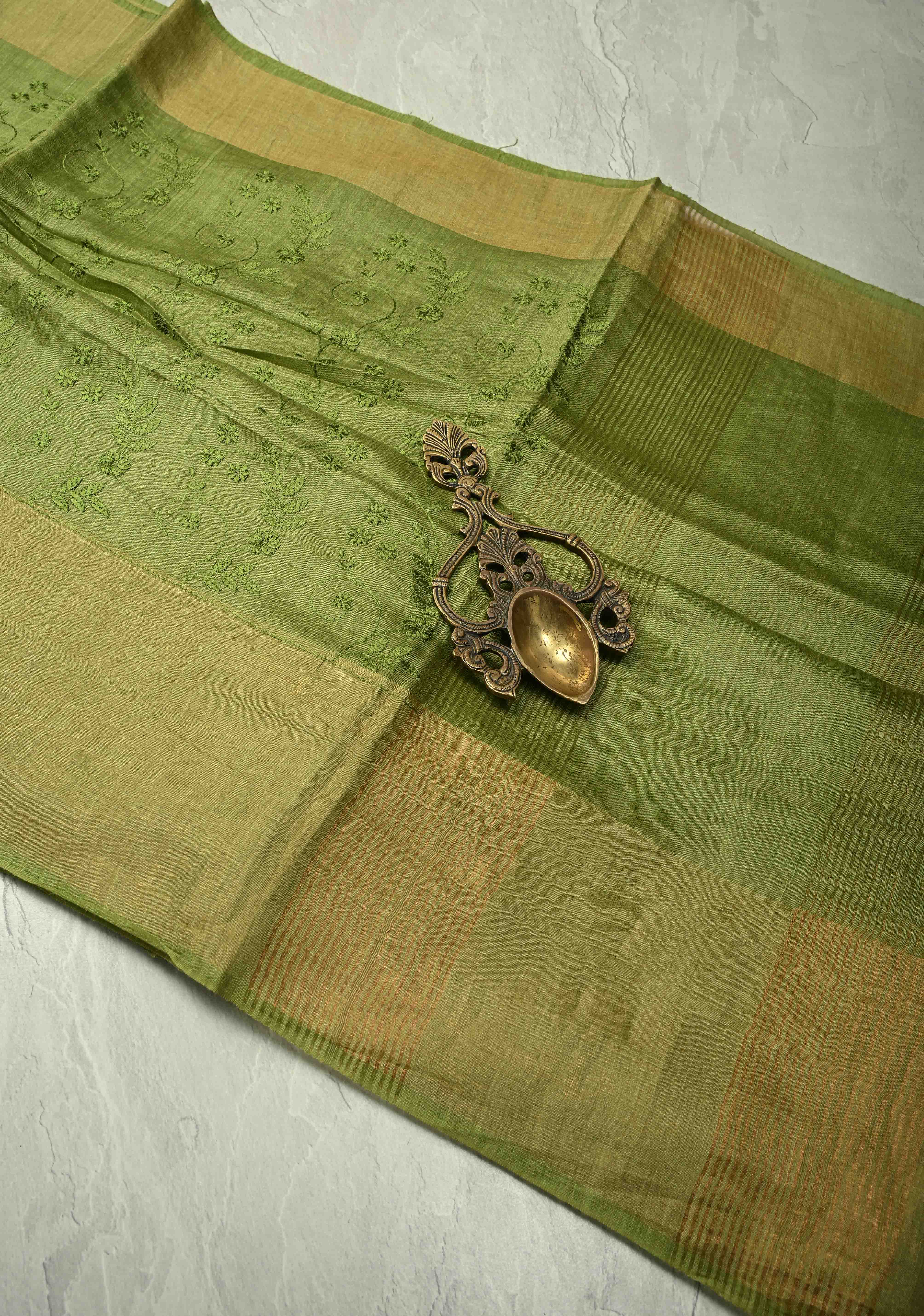 Green Tussar Silk Saree with Floral Embroidery and Muted zari Border | SILK MARK CERTIFIED | Shobitam
