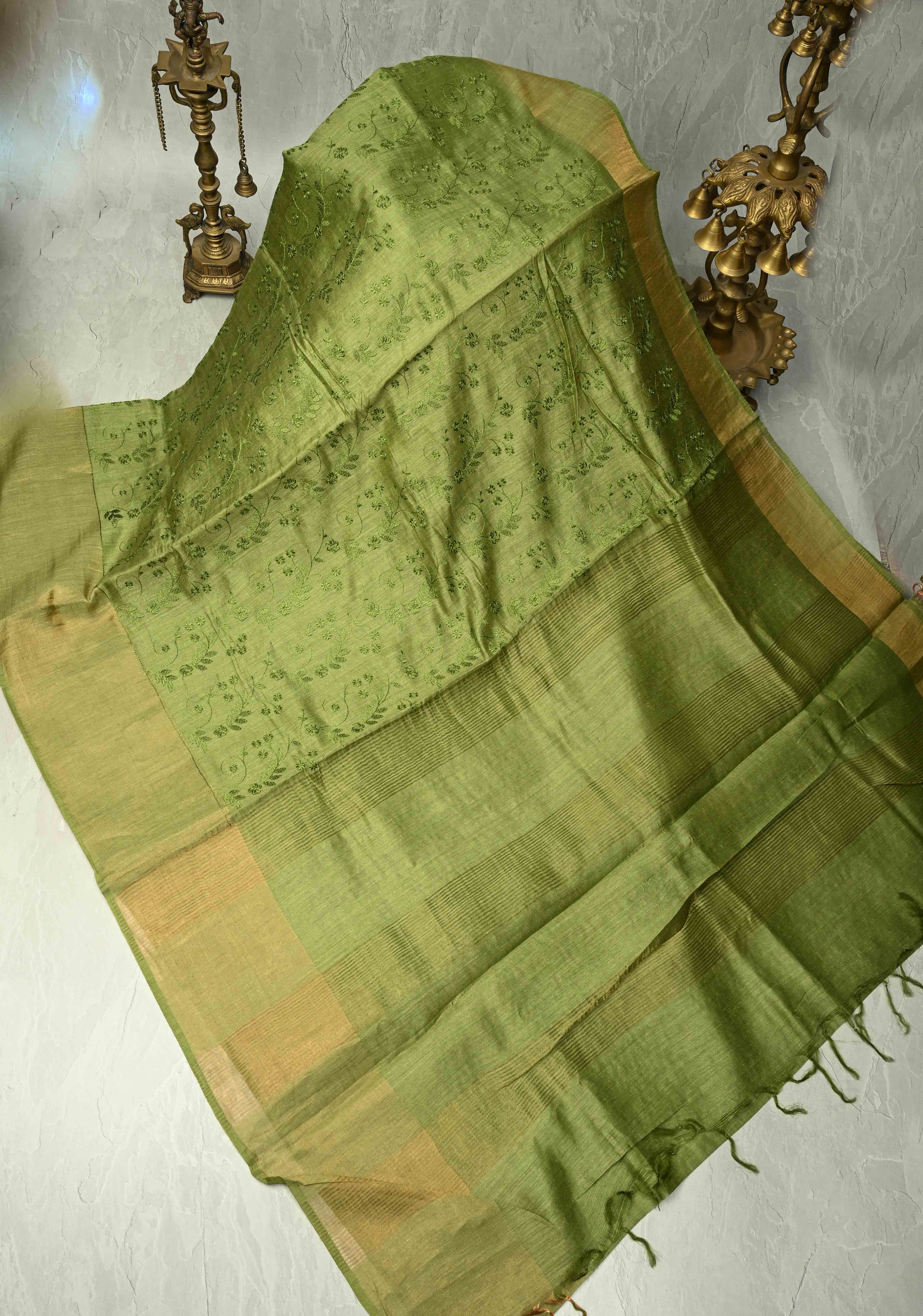 Green Tussar Silk Saree with Floral Embroidery and Muted zari Border | SILK MARK CERTIFIED | Shobitam