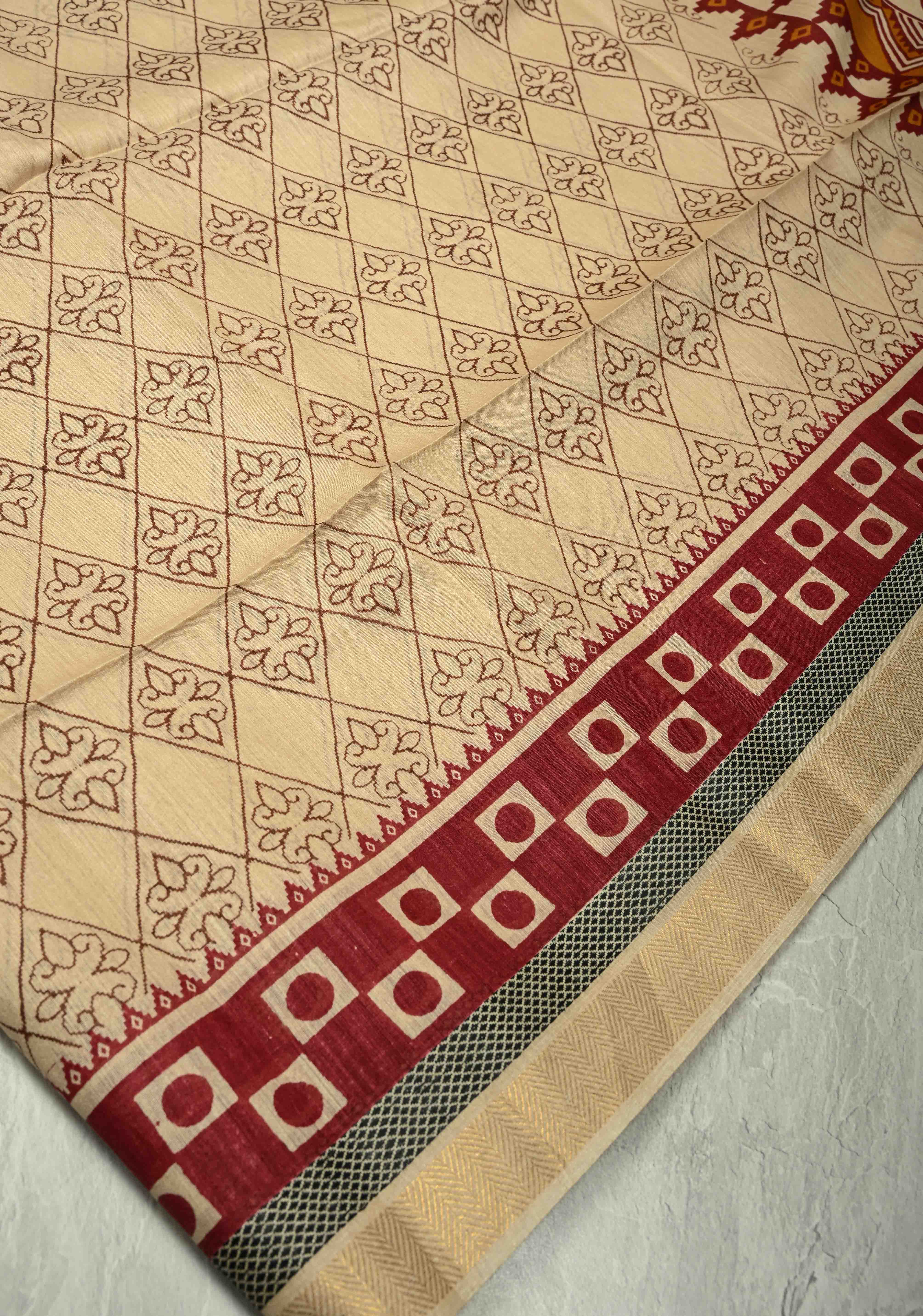 Beige Floral Digital Print Banarasi Tussar Silk Saree with Minimal Zari Border | SILK MARK CERTIFIED | Shobitam
