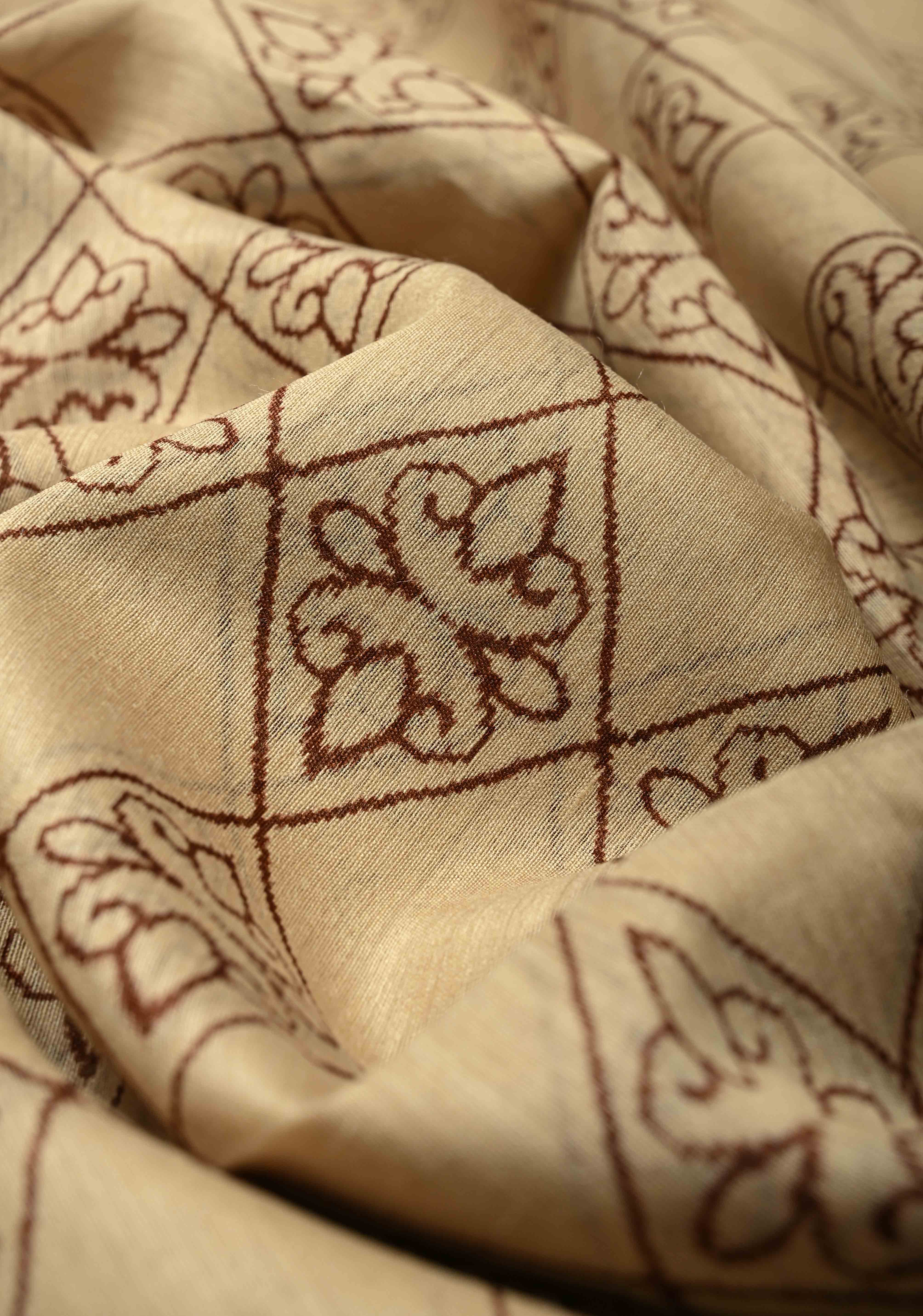 Beige Floral Digital Print Banarasi Tussar Silk Saree with Minimal Zari Border | SILK MARK CERTIFIED | Shobitam