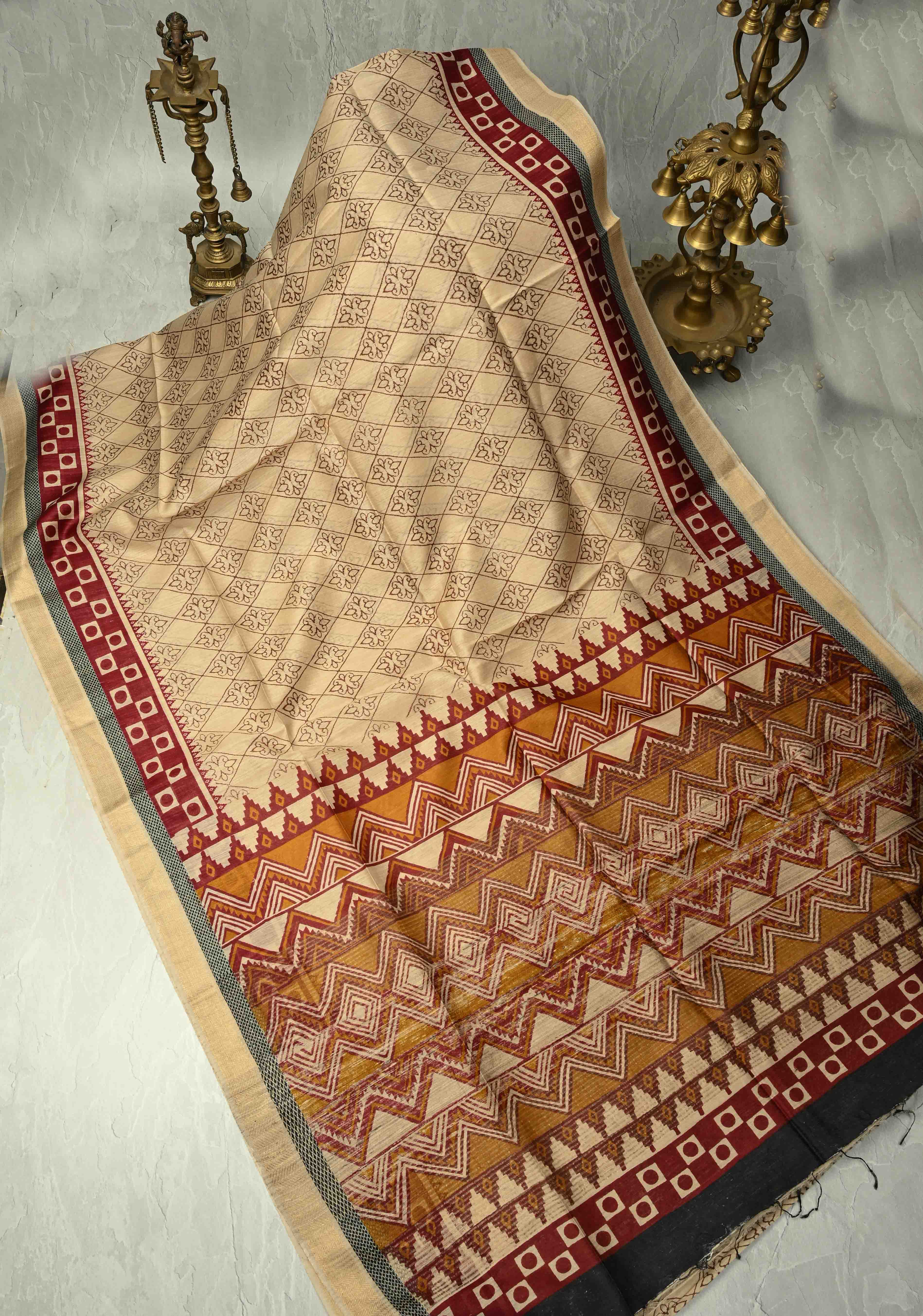 Beige Floral Digital Print Banarasi Tussar Silk Saree with Minimal Zari Border | SILK MARK CERTIFIED | Shobitam