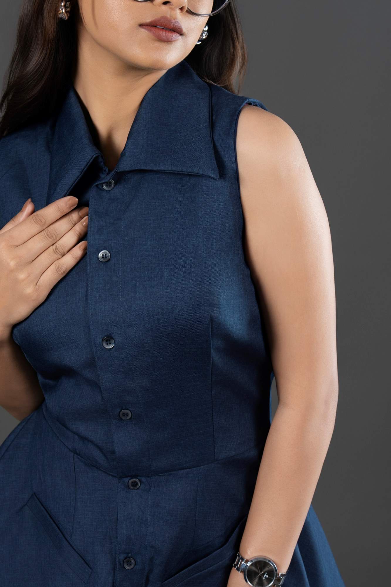 Sleeveless Waistcoat-Style Top with Structured Collar and Peplum Flare Navy Waistcoat