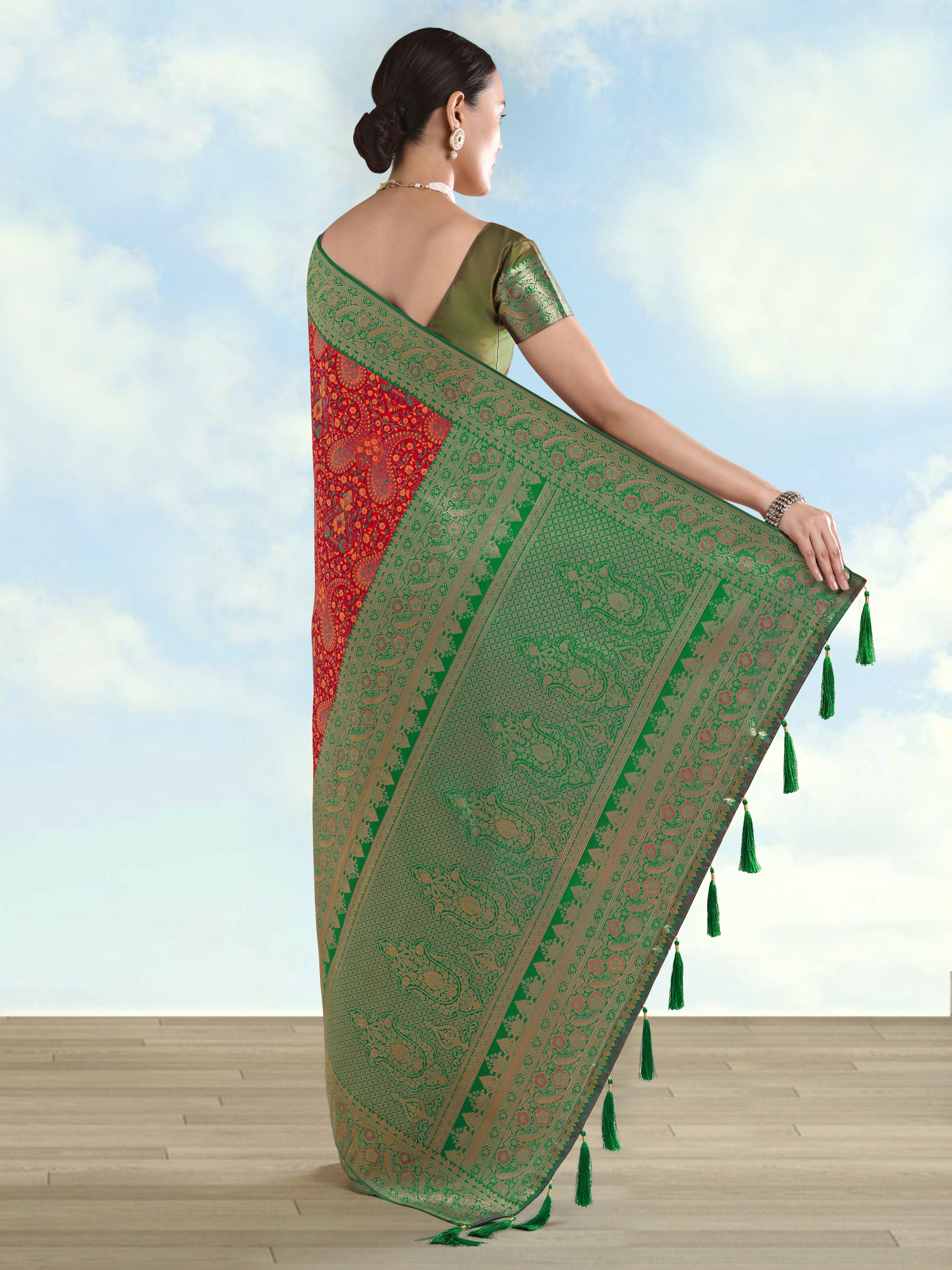 Red Banarasi Semi Silk Saree With Traditional Paisley Weaves | Shobitam