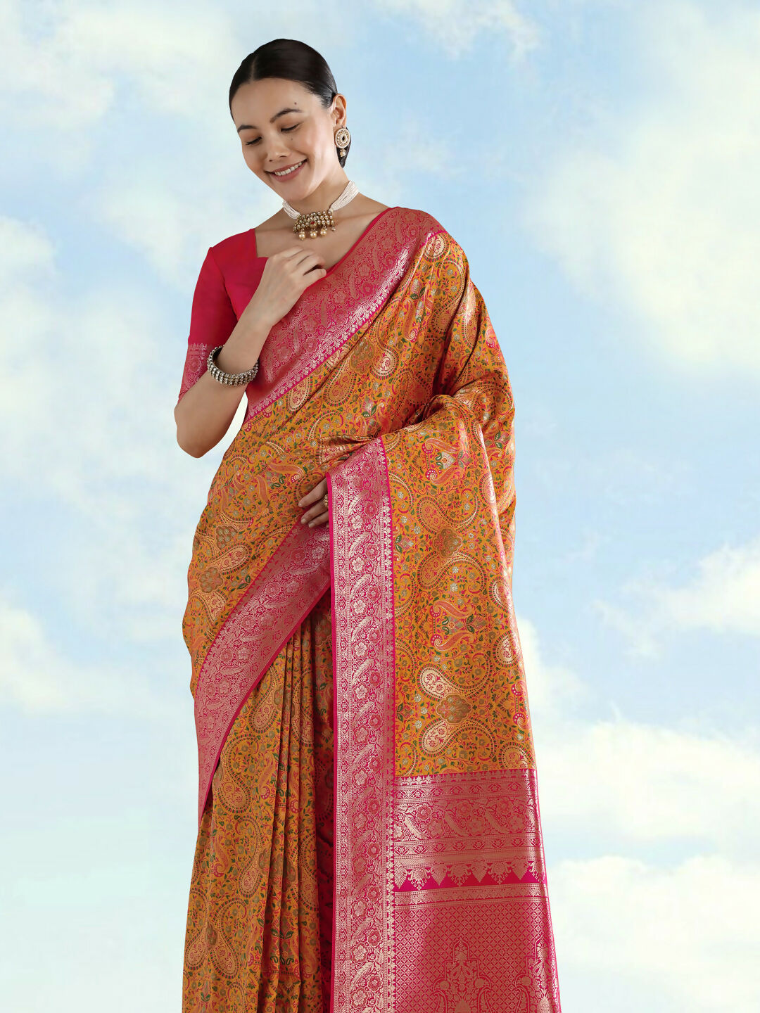 Mustard Banarasi Semi Silk Saree With Traditional Paisley Weaves | Shobitam