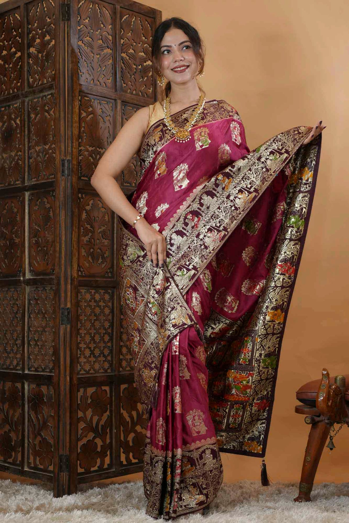 Banarasi Silk Inspired Detailed With Radha Krishna Zari & Stone Intricate Predrape Saree