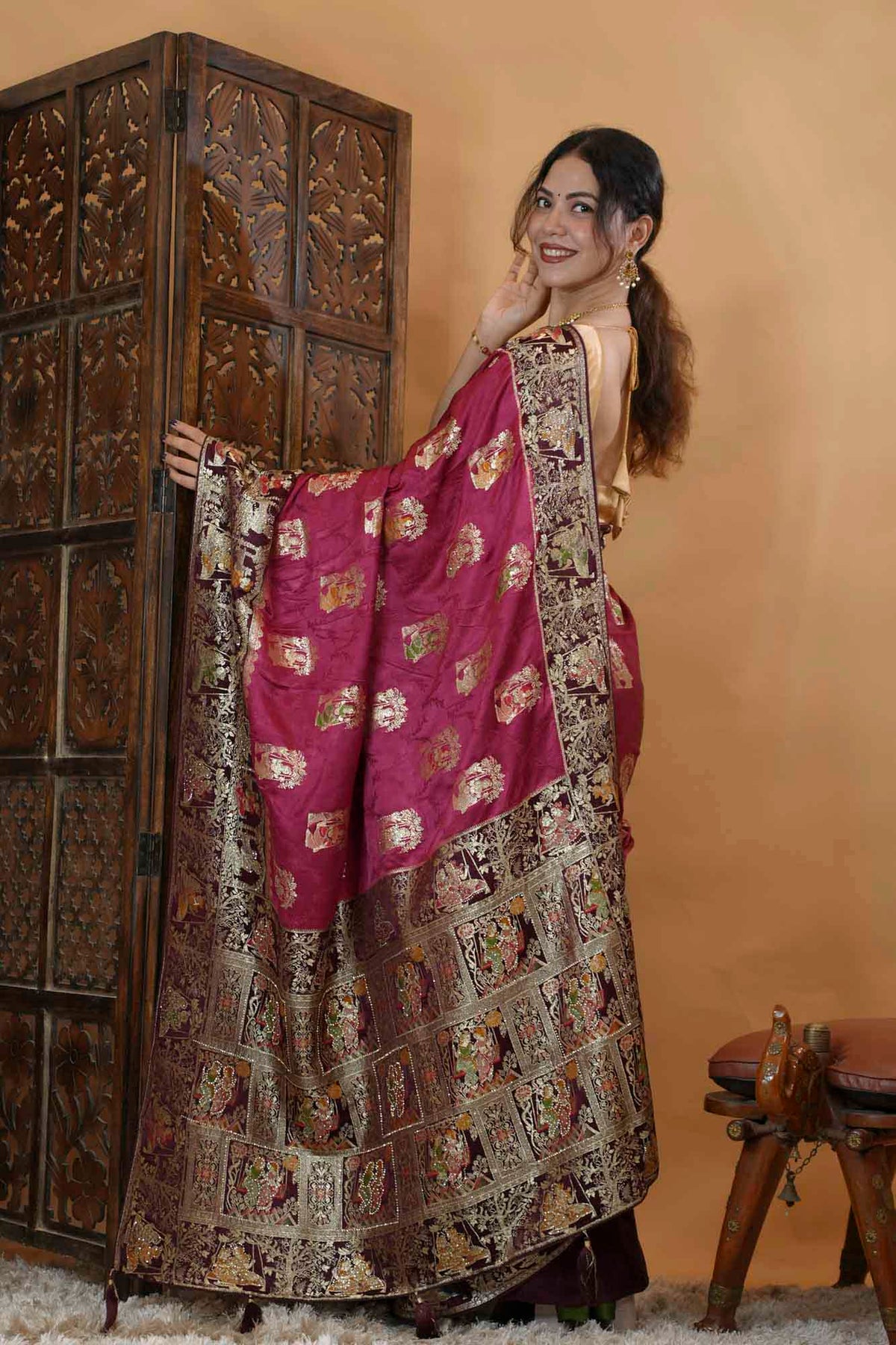 Banarasi Silk Inspired Detailed With Radha Krishna Zari & Stone Intricate Predrape Saree