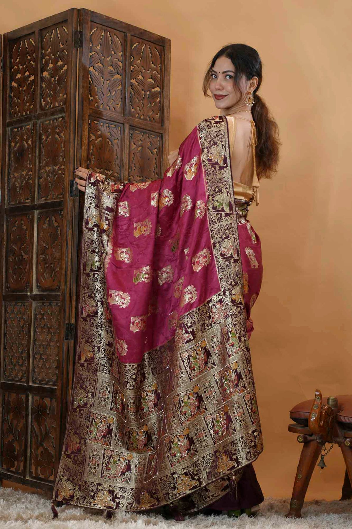 Banarasi Silk Inspired Detailed With Radha Krishna Zari & Stone Intricate Predrape Saree