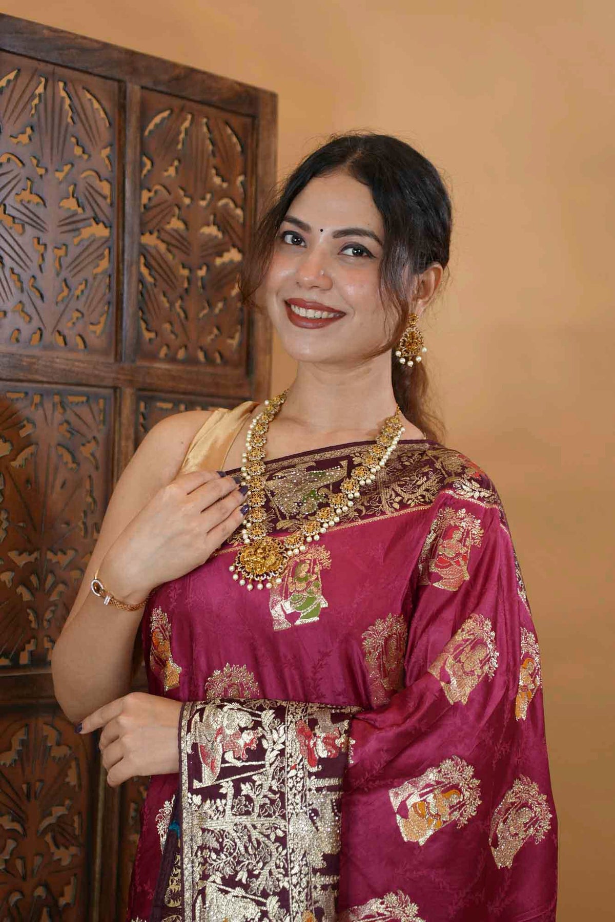 Banarasi Silk Inspired Detailed With Radha Krishna Zari & Stone Intricate Predrape Saree