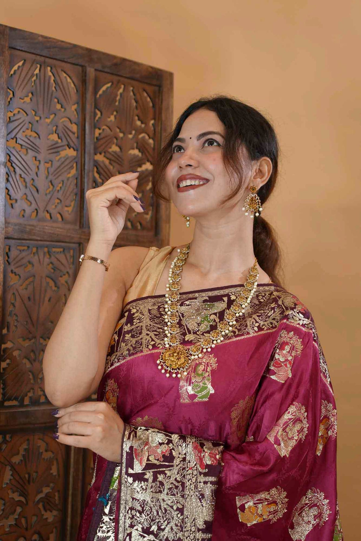 Banarasi Silk Inspired Detailed With Radha Krishna Zari & Stone Intricate Predrape Saree