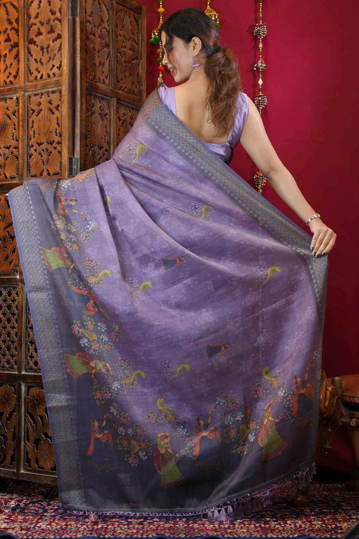 Heritage Pattachitra Art With Tassels On Palla Tissue Linen Ready To Wear Saree
