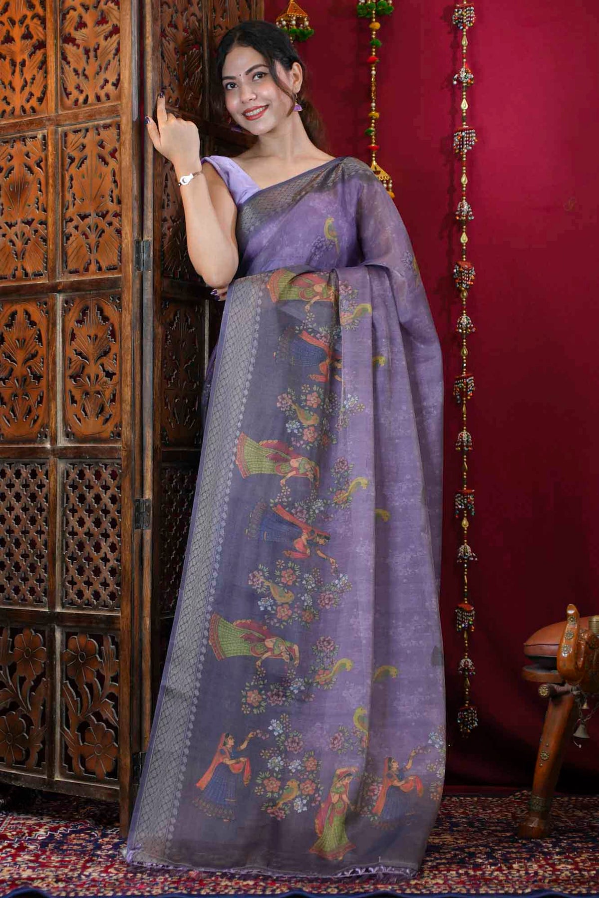 Heritage Pattachitra Art With Tassels On Palla Tissue Linen Ready To Wear Saree