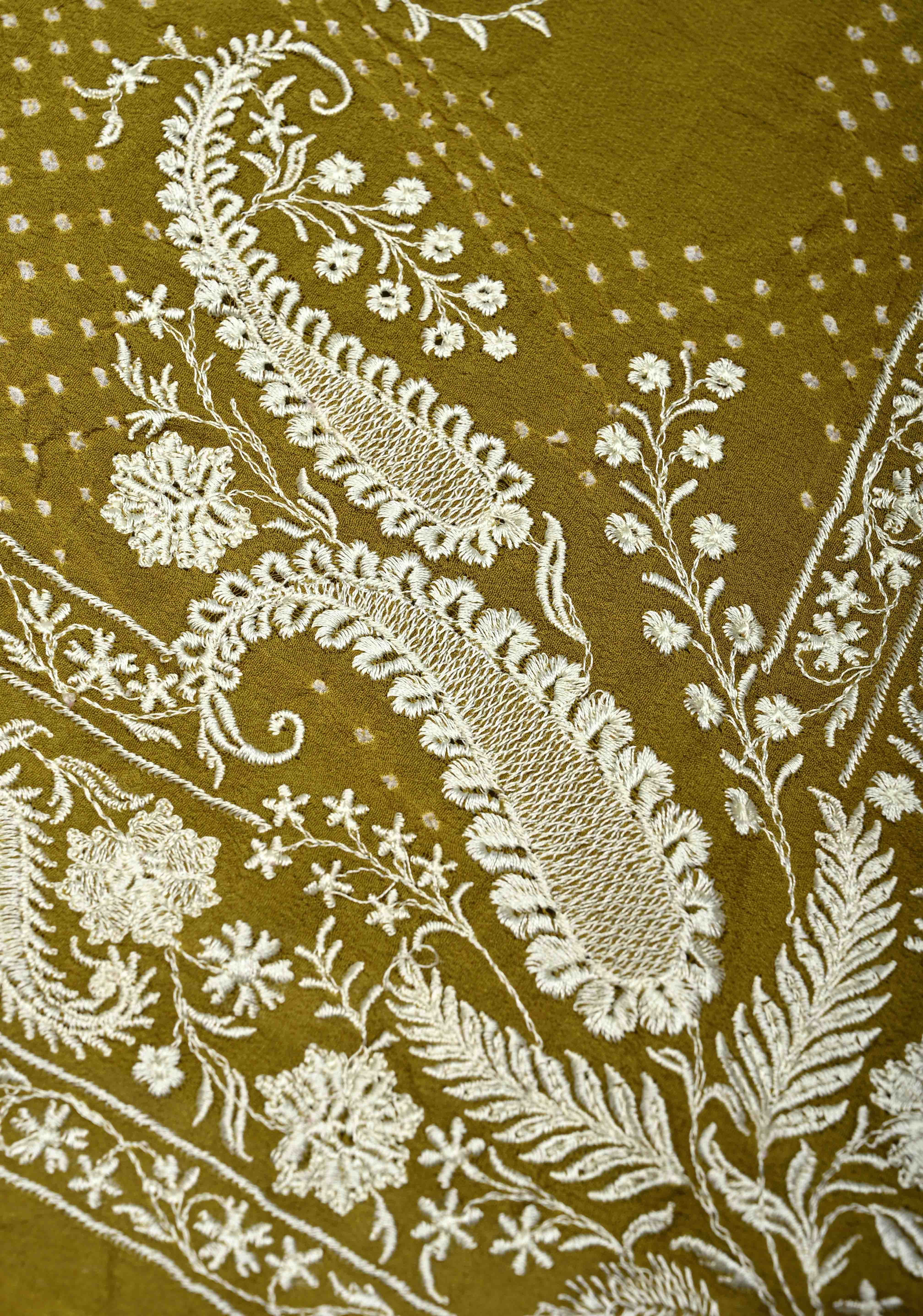 Olive Green Pure Silk Georgette Saree with  Sarkam Bandhej and Chikankai Style Machine Embroidered Border| SILK MARK CERTIFIED | SHOBITAM