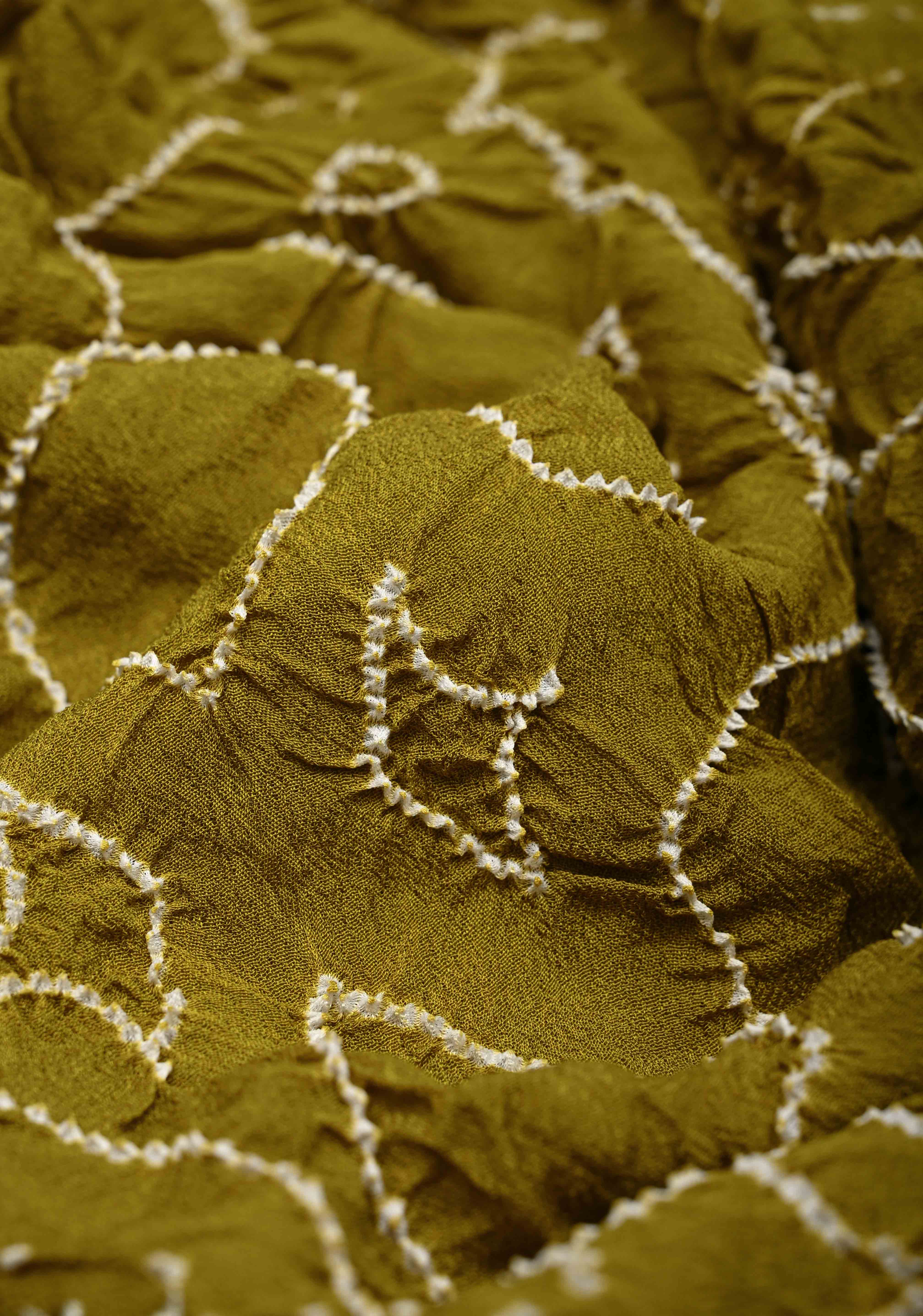 Olive Green Pure Silk Georgette Saree with  Sarkam Bandhej and Chikankai Style Machine Embroidered Border| SILK MARK CERTIFIED | SHOBITAM