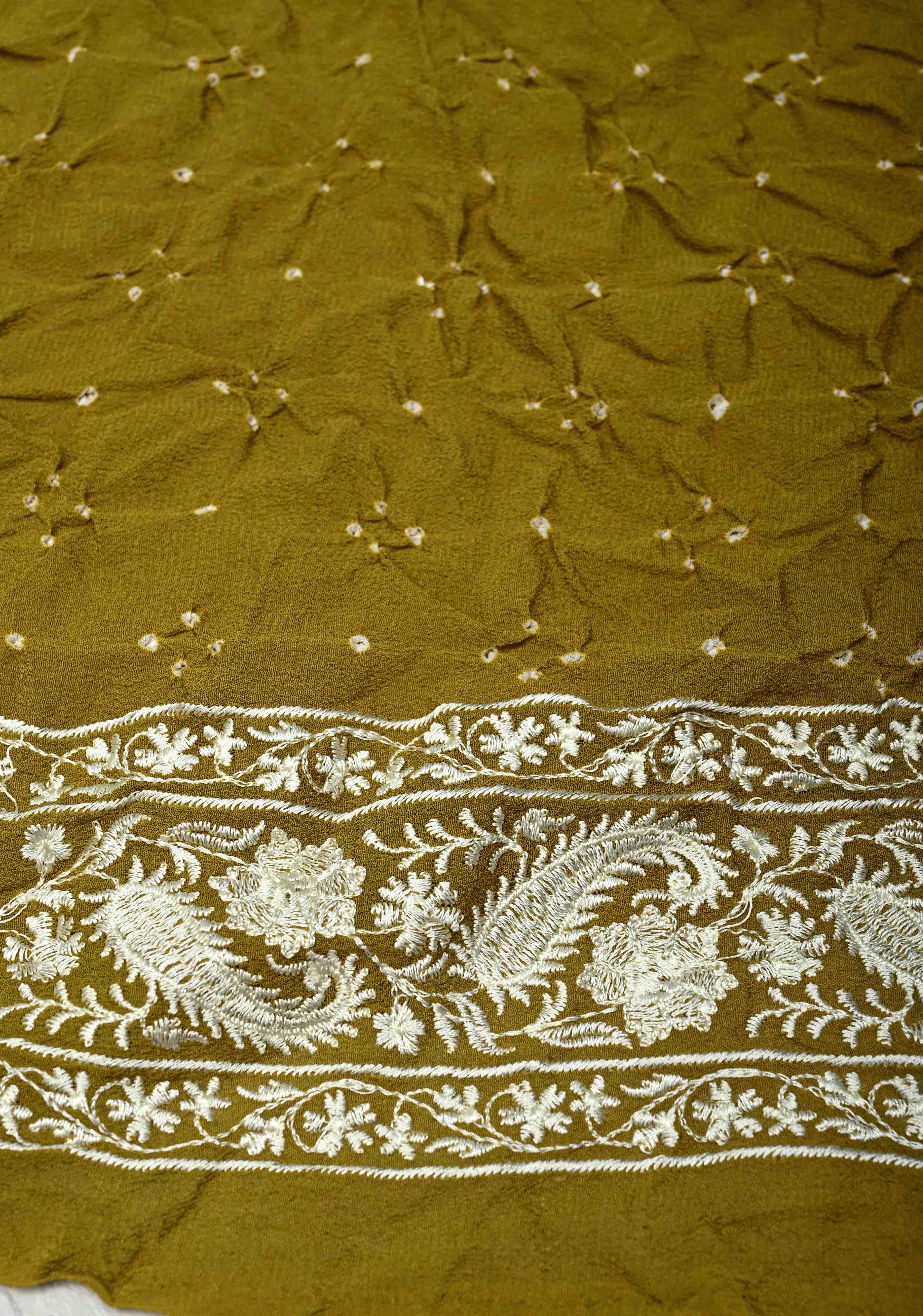 Olive Green Pure Silk Georgette Saree with  Sarkam Bandhej and Chikankai Style Machine Embroidered Border| SILK MARK CERTIFIED | SHOBITAM