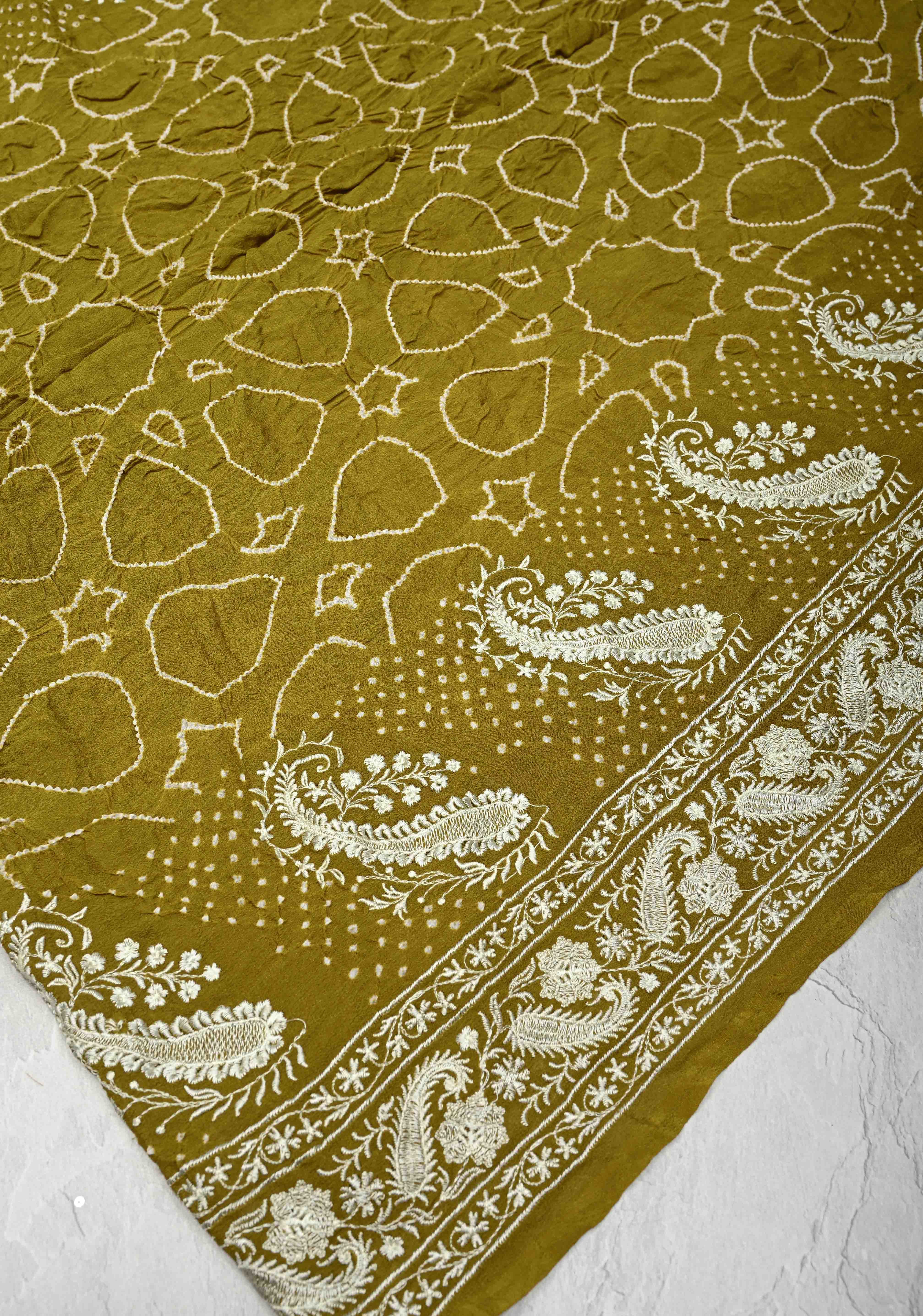 Olive Green Pure Silk Georgette Saree with  Sarkam Bandhej and Chikankai Style Machine Embroidered Border| SILK MARK CERTIFIED | SHOBITAM