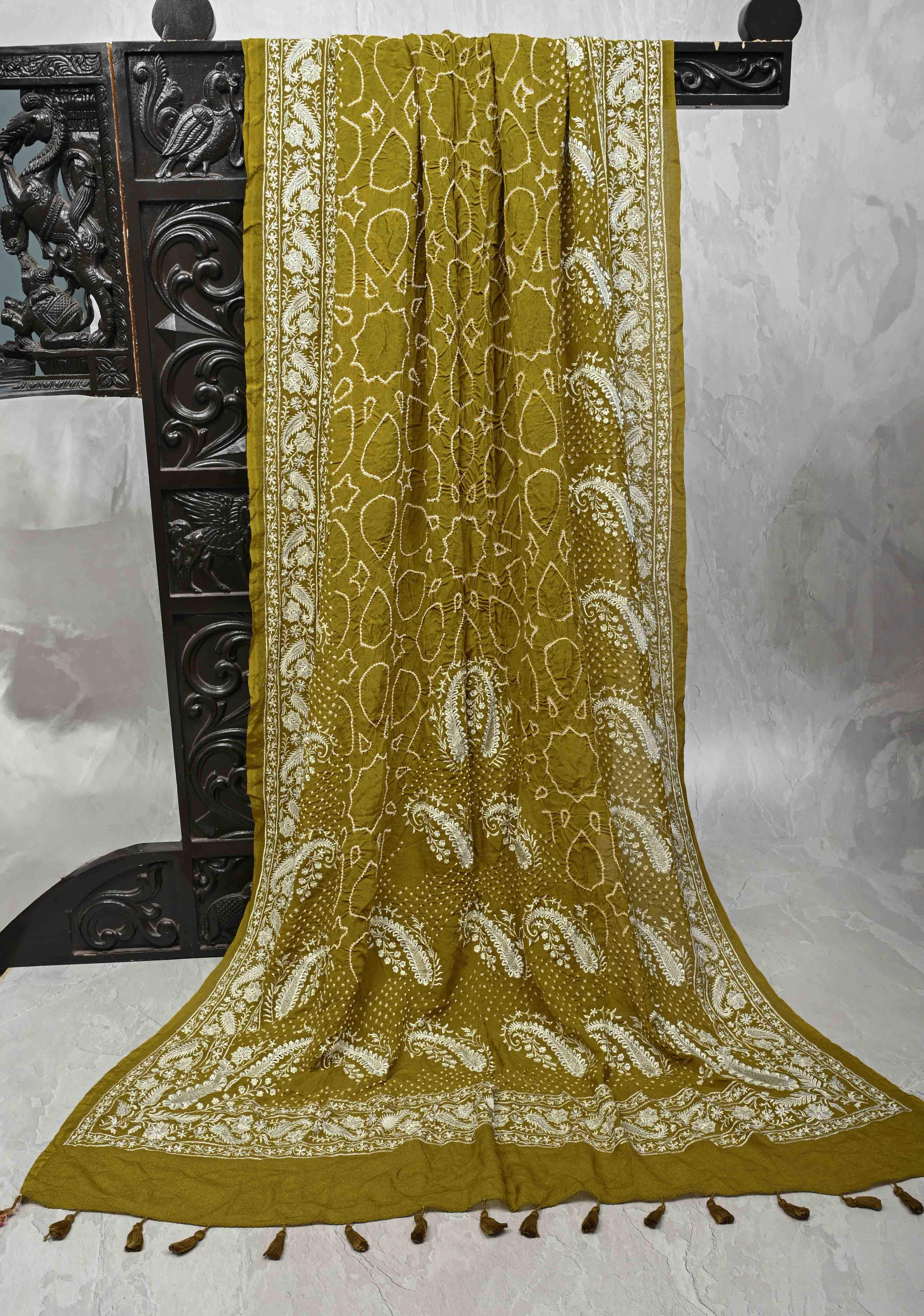 Olive Green Pure Silk Georgette Saree with  Sarkam Bandhej and Chikankai Style Machine Embroidered Border| SILK MARK CERTIFIED | SHOBITAM