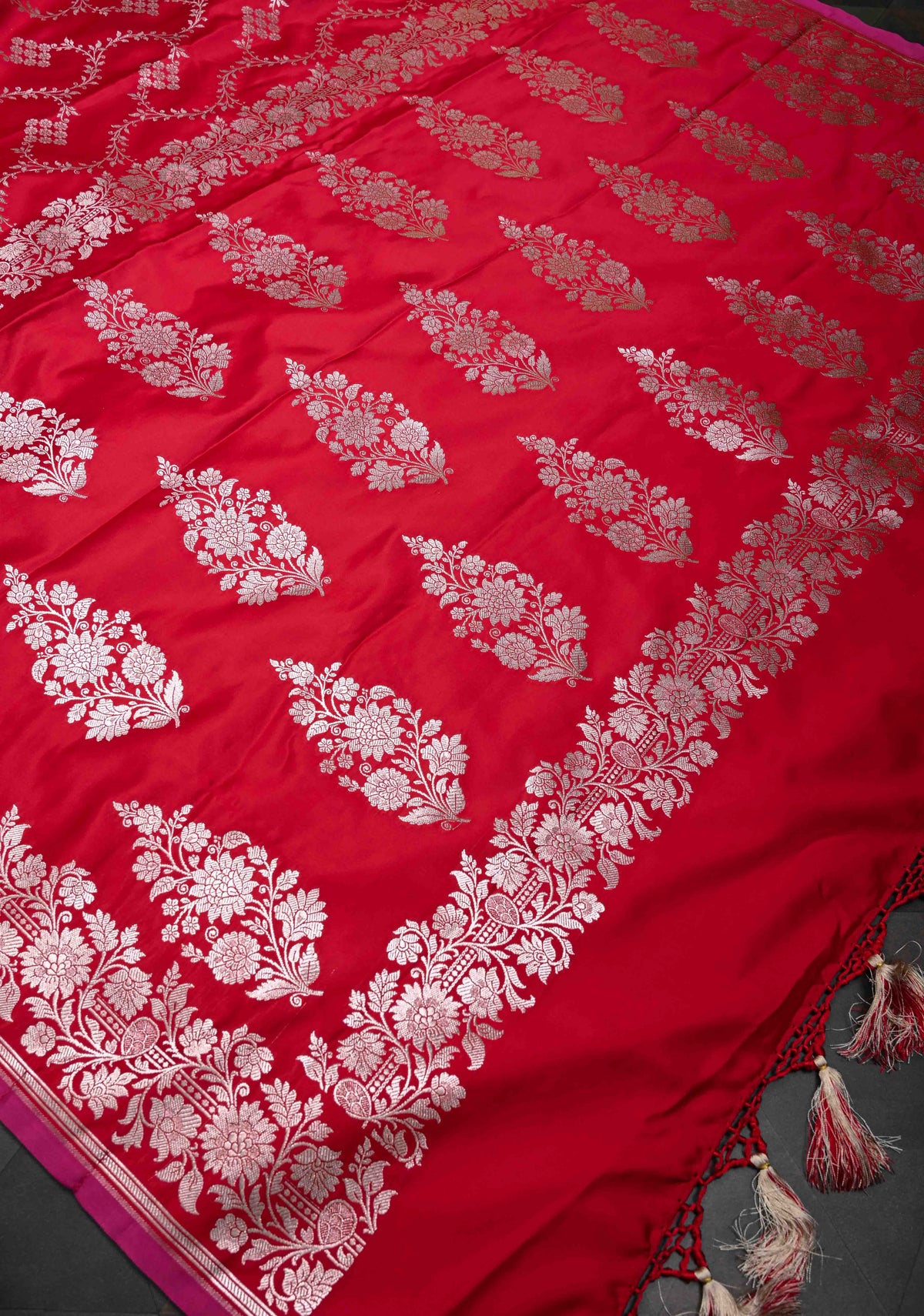 Scarlet Banarasi Semi Mashru Silk Saree with Floral Vine Jaal and Zari Border | SHOBITAM