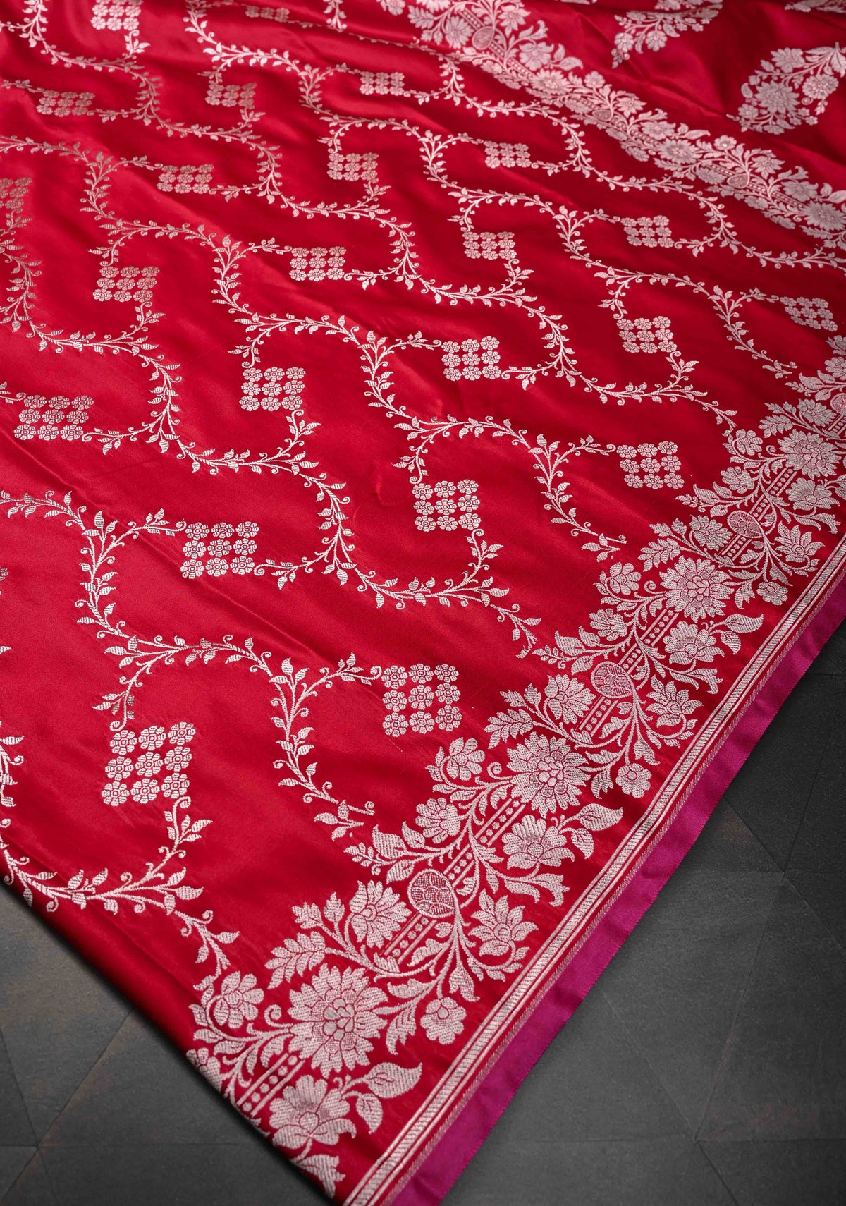 Scarlet Banarasi Semi Mashru Silk Saree with Floral Vine Jaal and Zari Border | SHOBITAM