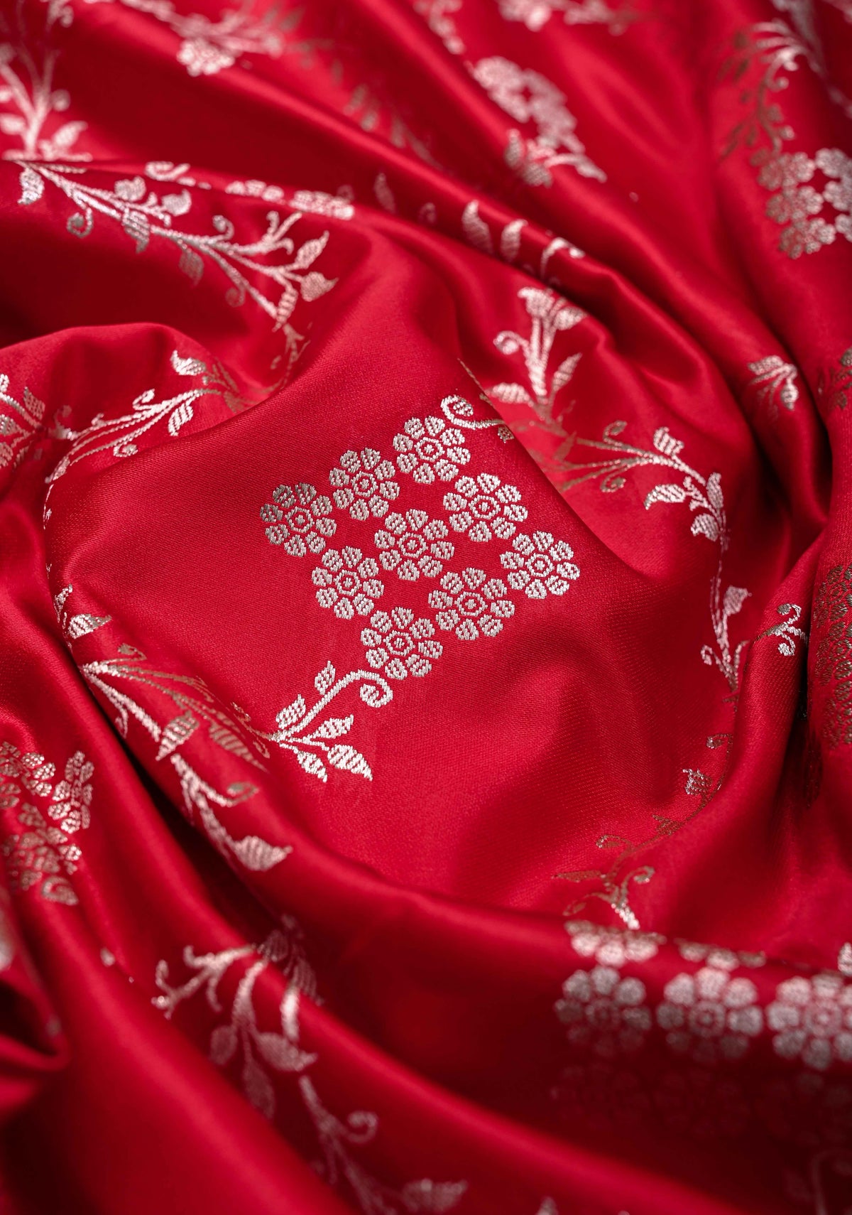 Scarlet Banarasi Semi Mashru Silk Saree with Floral Vine Jaal and Zari Border | SHOBITAM