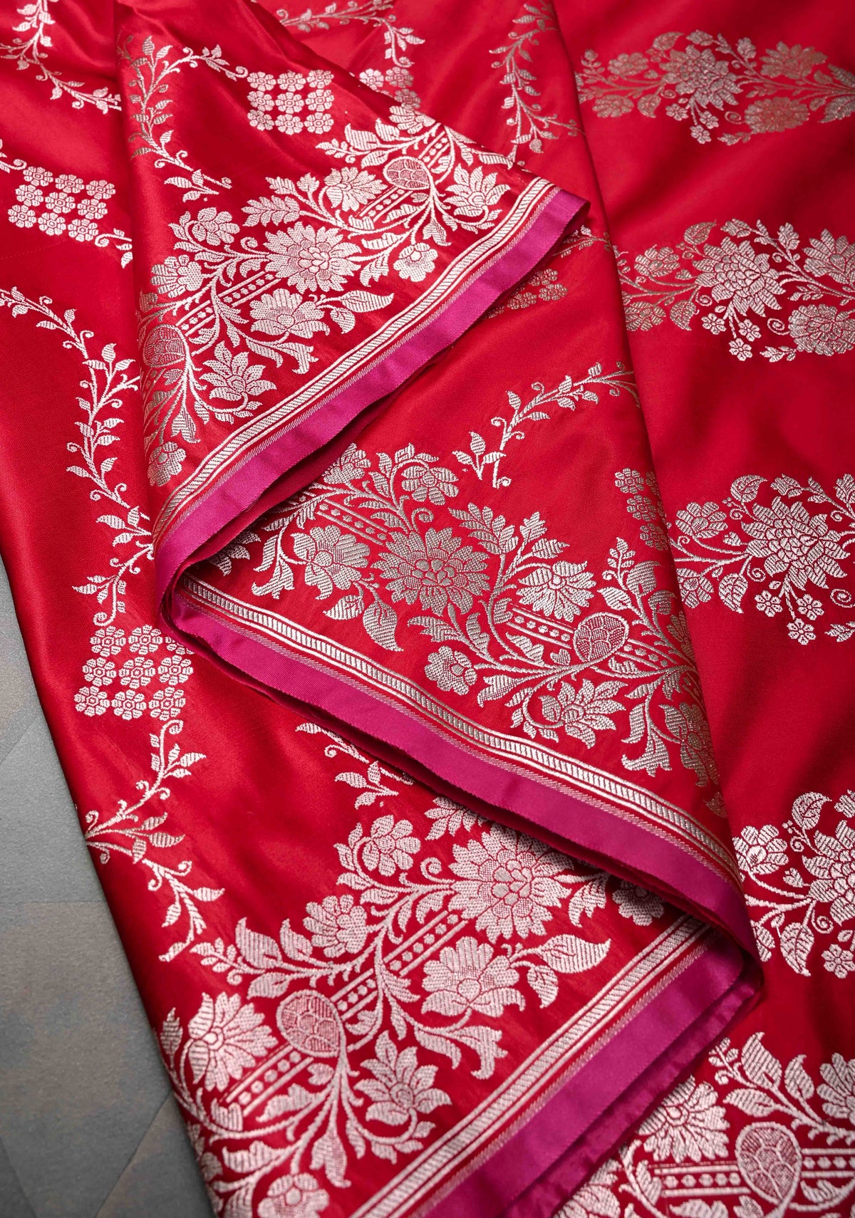 Scarlet Banarasi Semi Mashru Silk Saree with Floral Vine Jaal and Zari Border | SHOBITAM