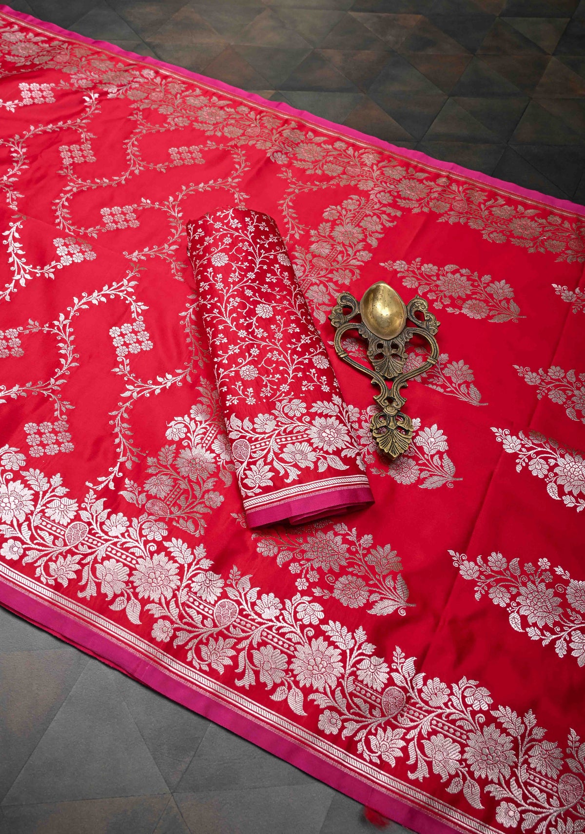 Scarlet Banarasi Semi Mashru Silk Saree with Floral Vine Jaal and Zari Border | SHOBITAM