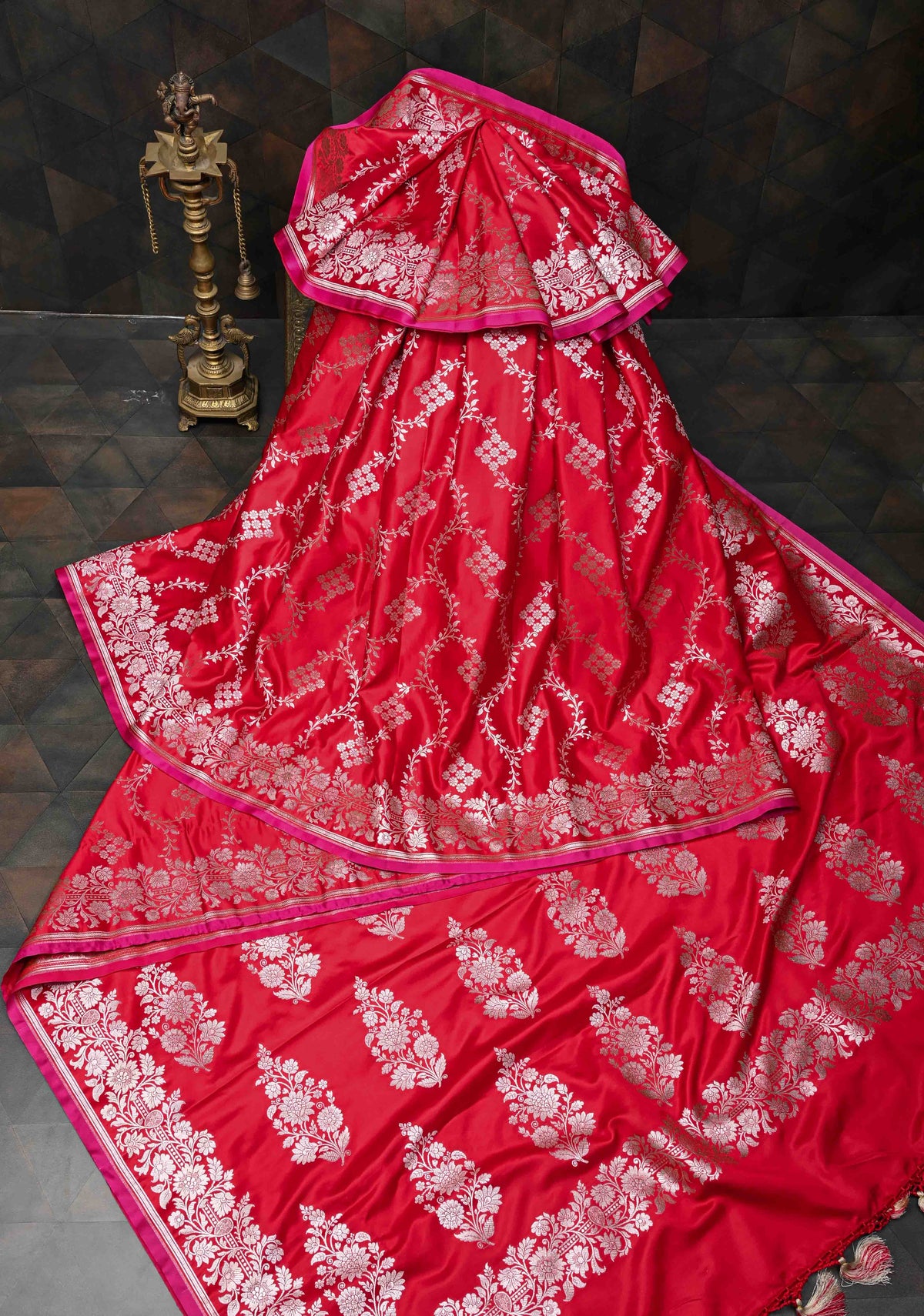 Scarlet Banarasi Semi Mashru Silk Saree with Floral Vine Jaal and Zari Border | SHOBITAM